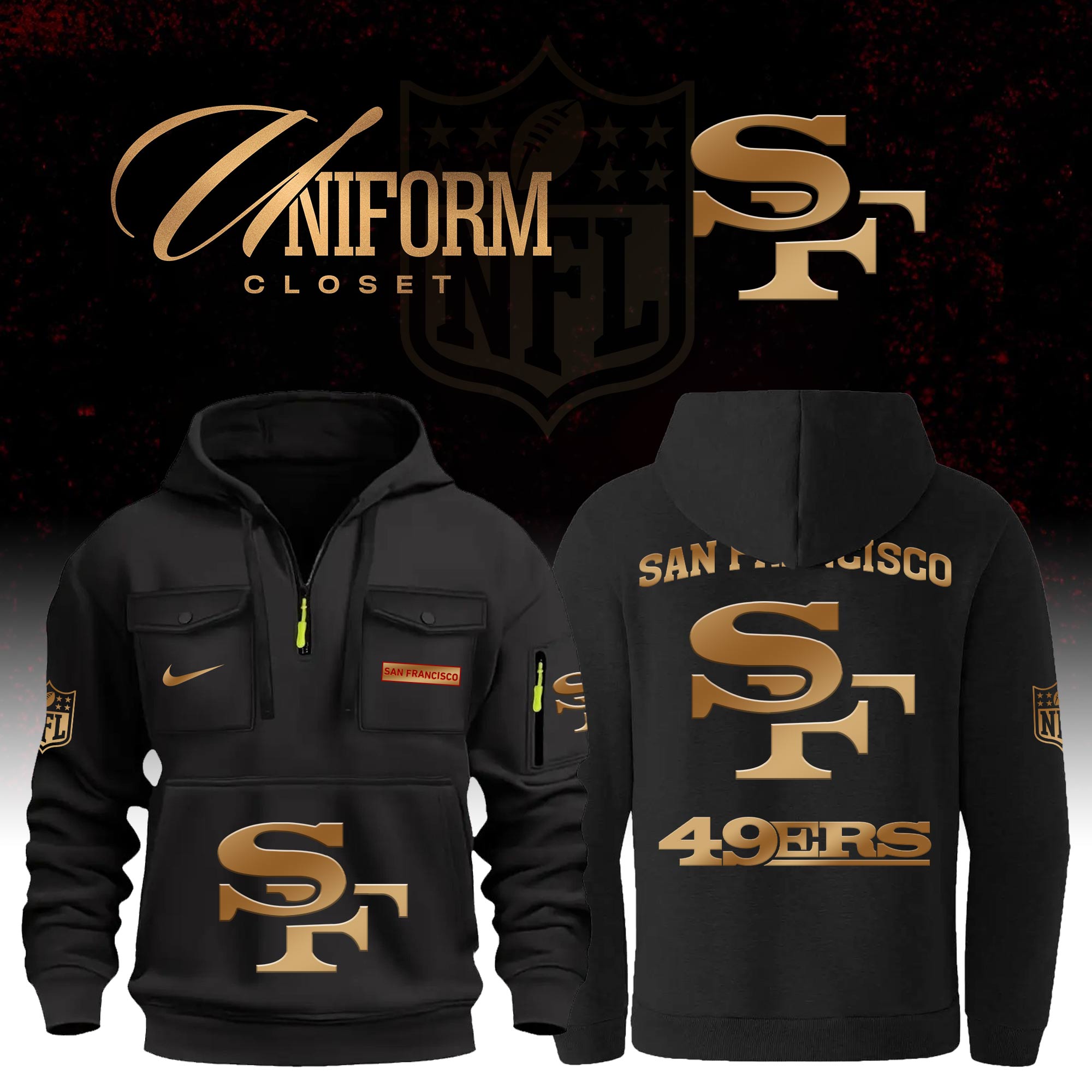 Buildercar - NFL San Francisco 49ers Custom Name Football Multi Pocket Hoodie