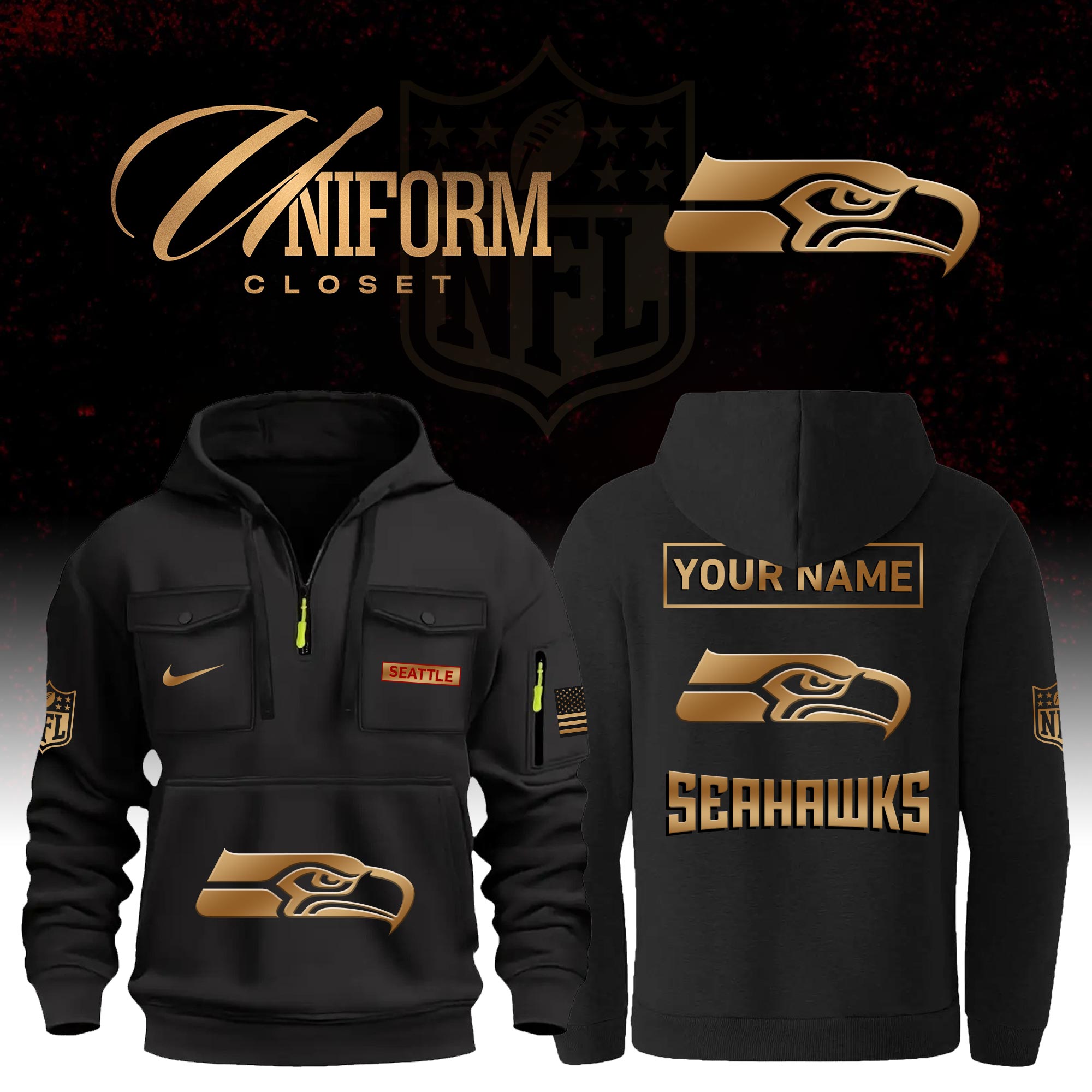 Buildercar - NFL Seattle Seahawks Custom Name Football Multi Pocket Hoodie