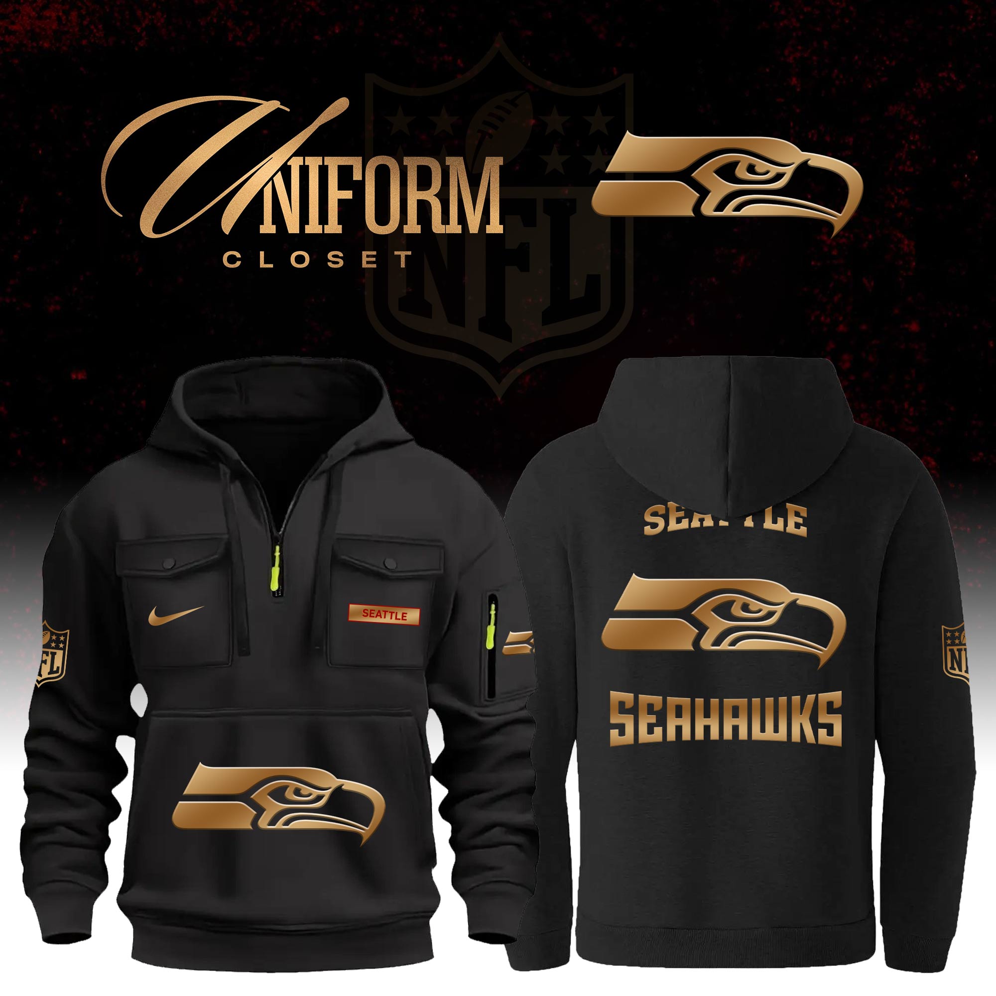 Buildercar - NFL Seattle Seahawks Custom Name Football Multi Pocket Hoodie