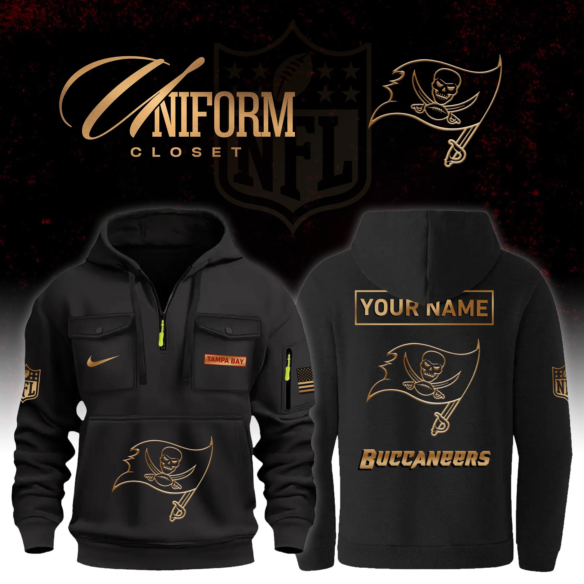 Buildercar - NFL Tampa Bay Buccaneers Custom Name Football Multi Pocket Hoodie