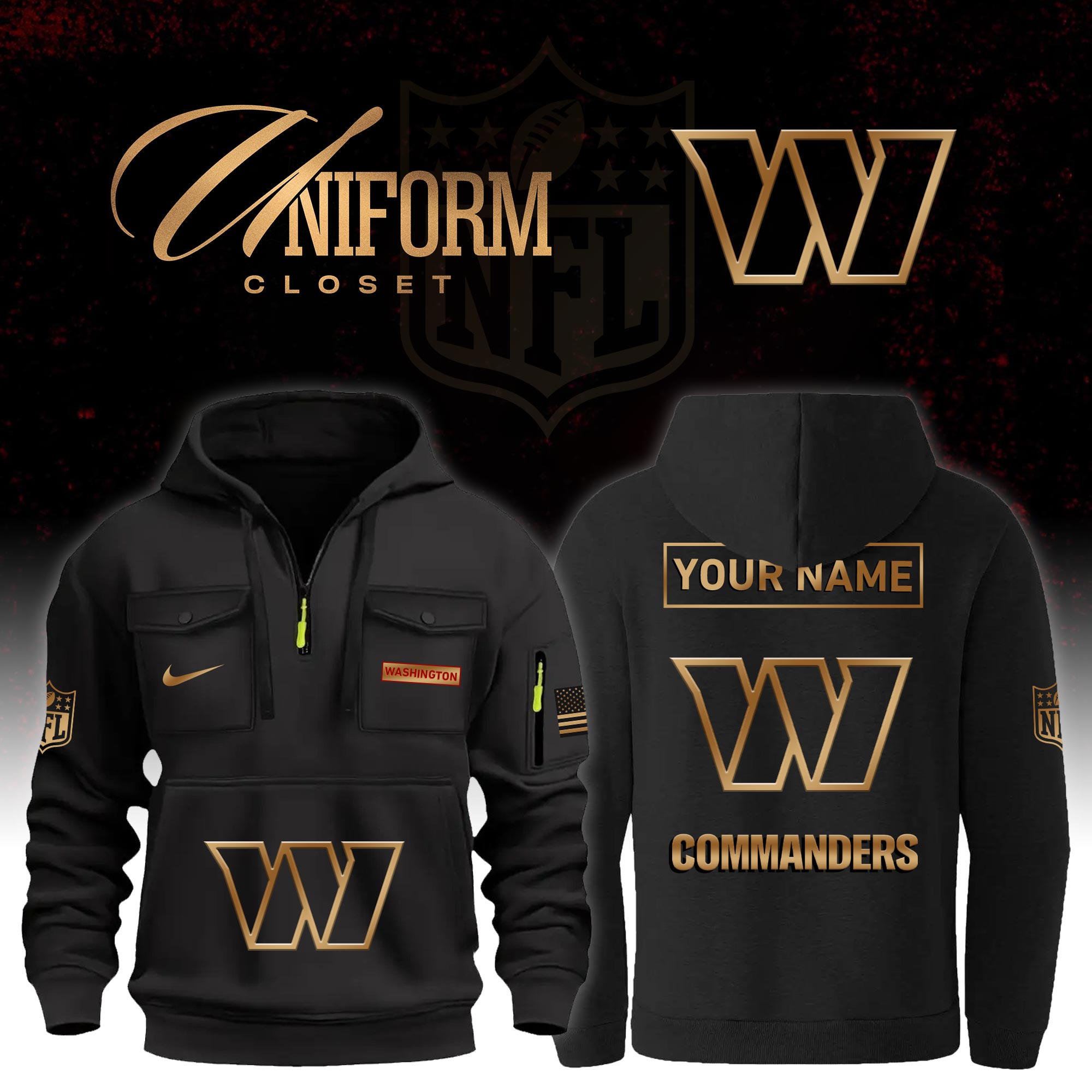 Buildercar - NFL Washington Commanders Custom Name Football Multi Pocket Hoodie