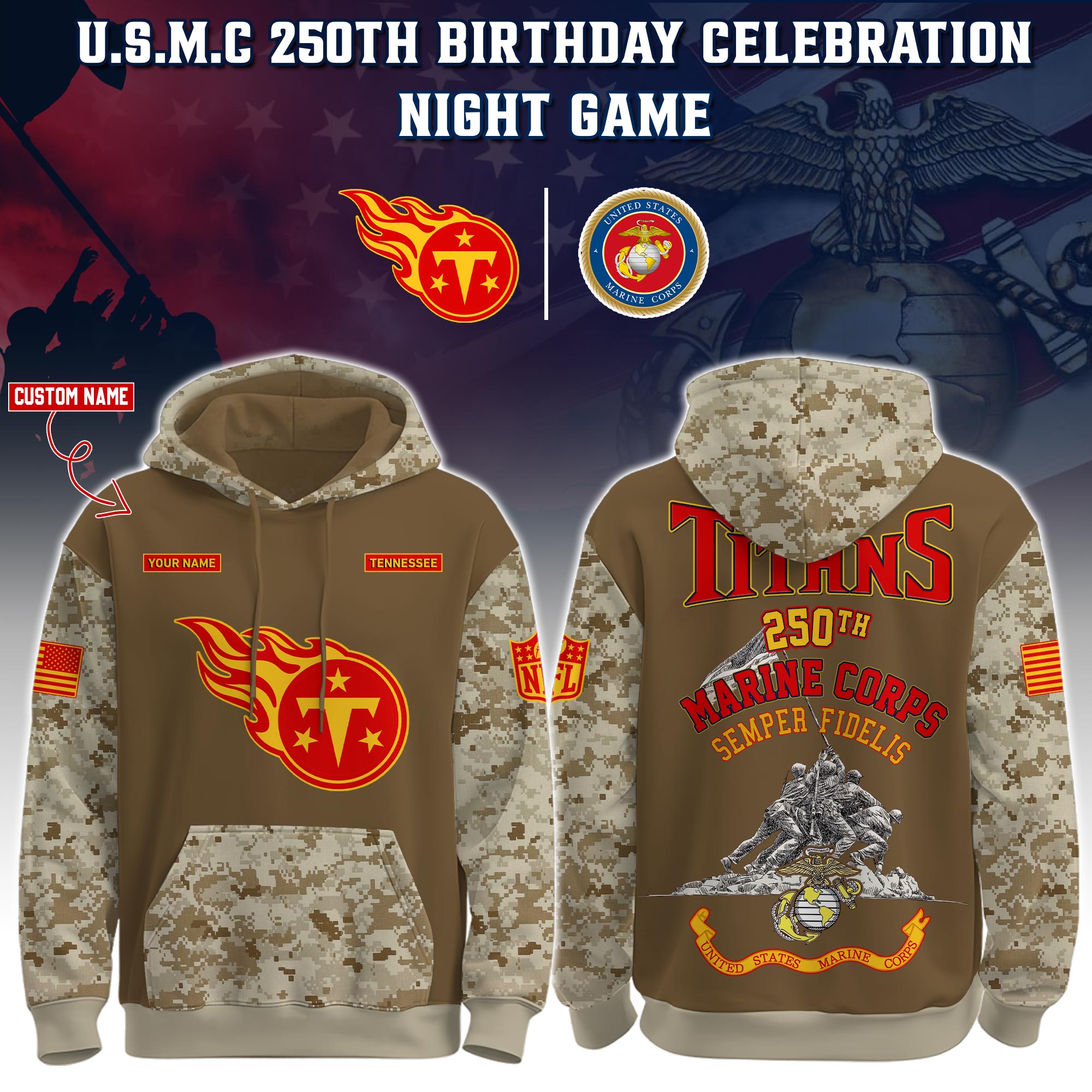 Buildercar - Tennessee Titans-U.S.M.C 250th Birthday Personalized Hoodie Limited Edions