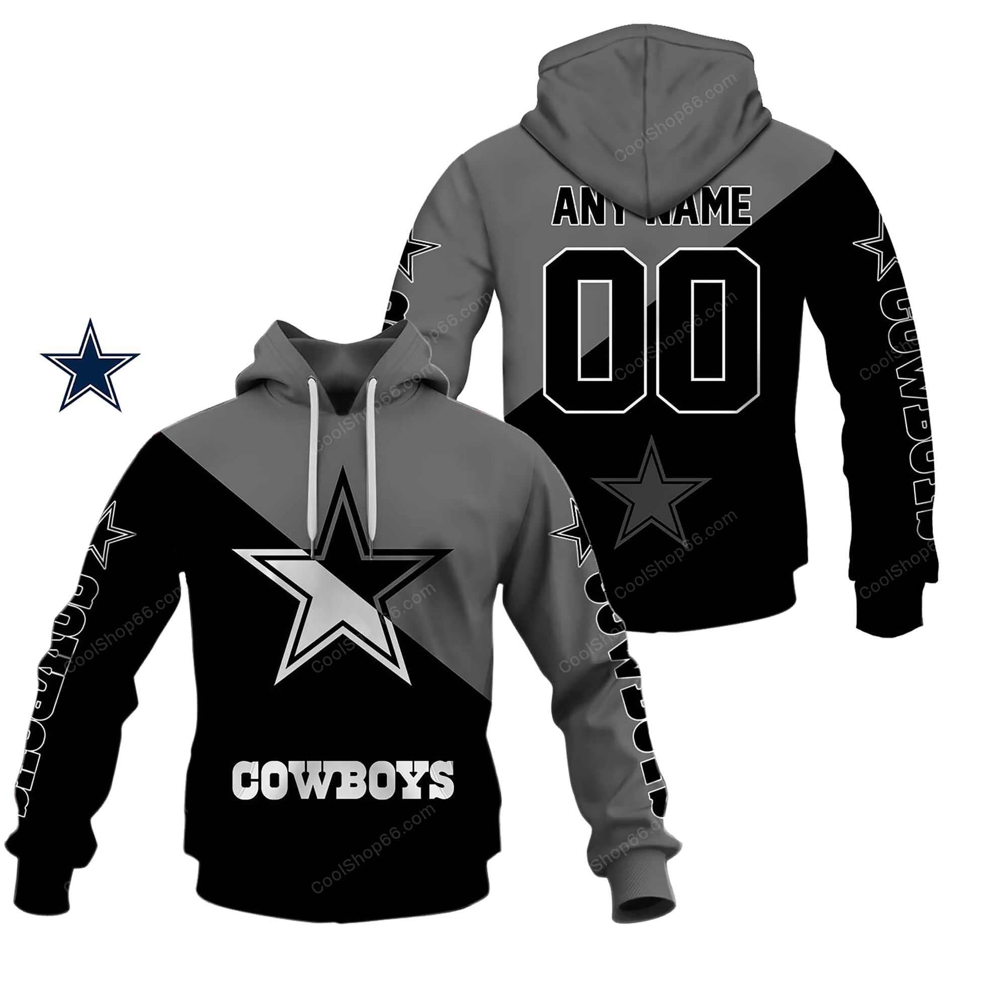 Buildercar - Dallas Cowboys Monochrome Power Custom Name Hoodie