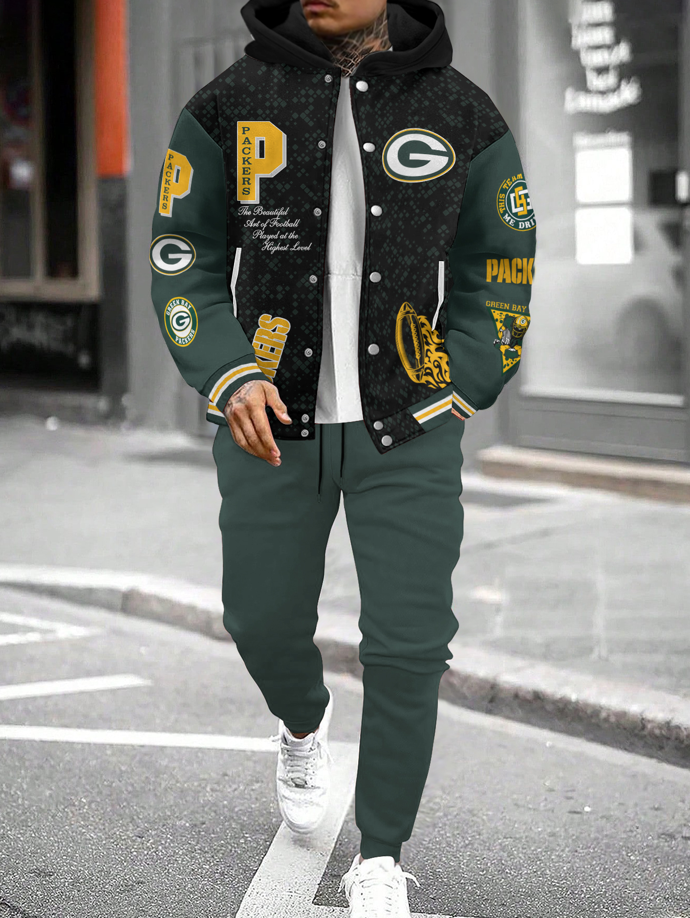 Green Bay Packers Hooded Jacket With Drawstring Waistband Joggers 2pcs Set