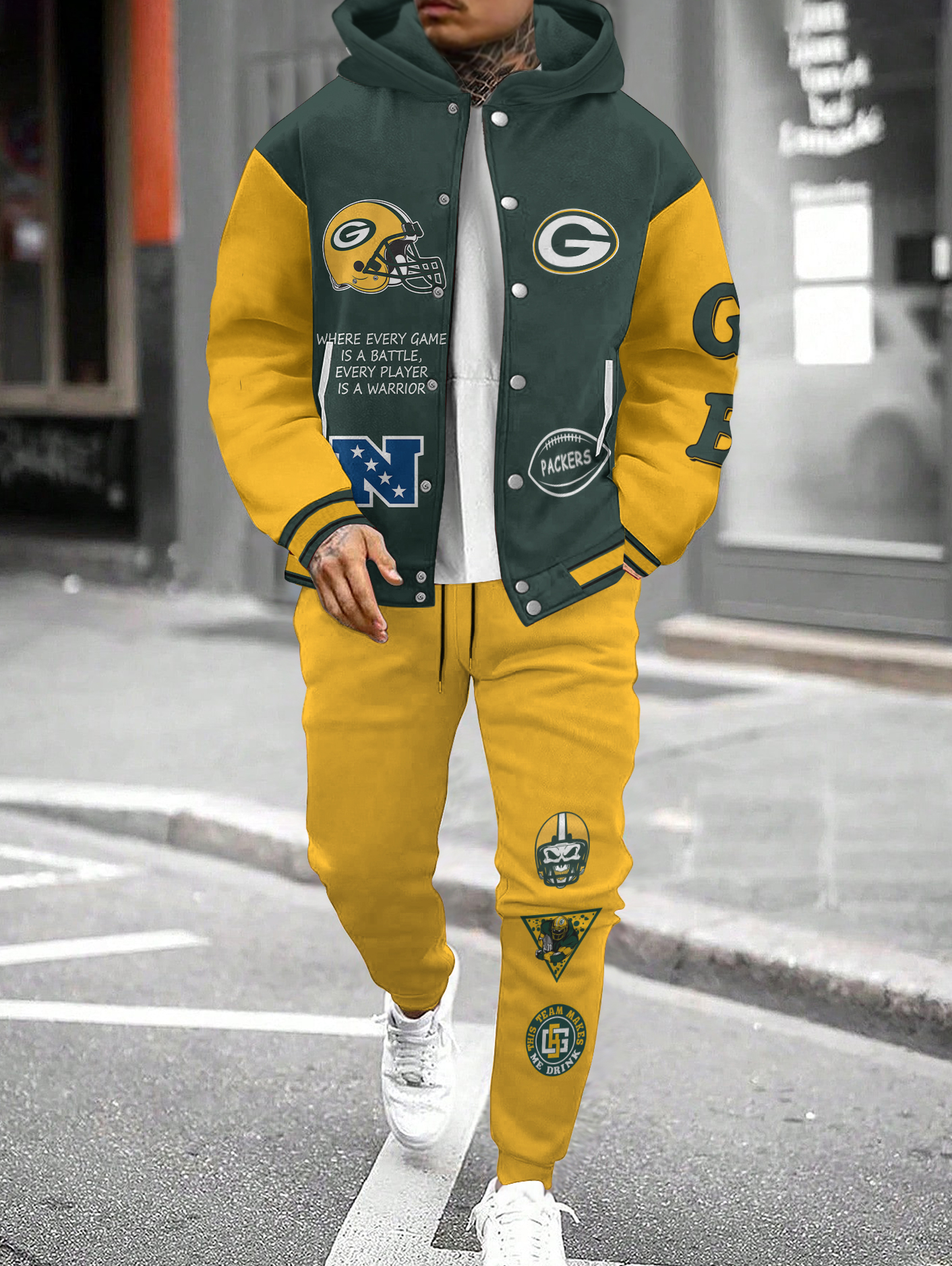 Green Bay Packers Hooded Jacket With Drawstring Waistband Joggers 2pcs Set