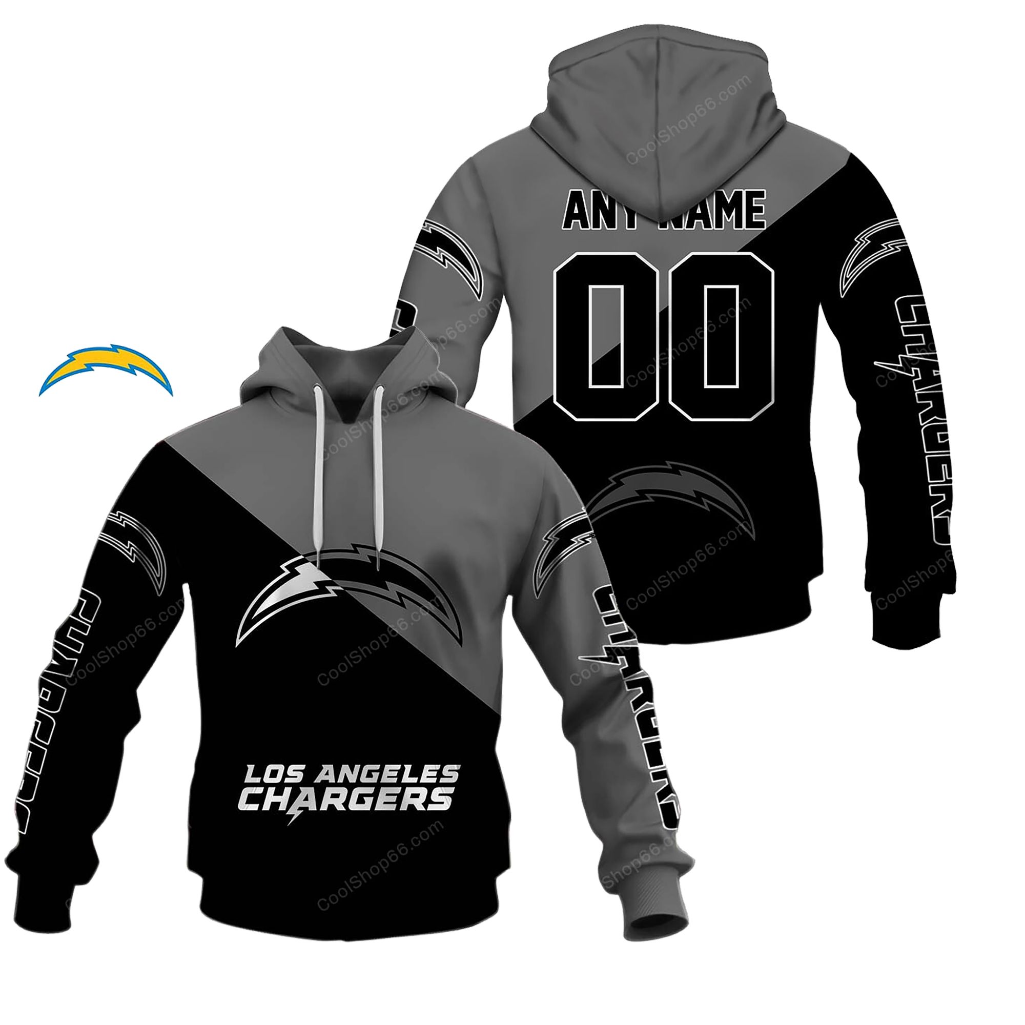 Buildercar - Los Angeles Chargers Monochrome Power Custom Name Hoodie