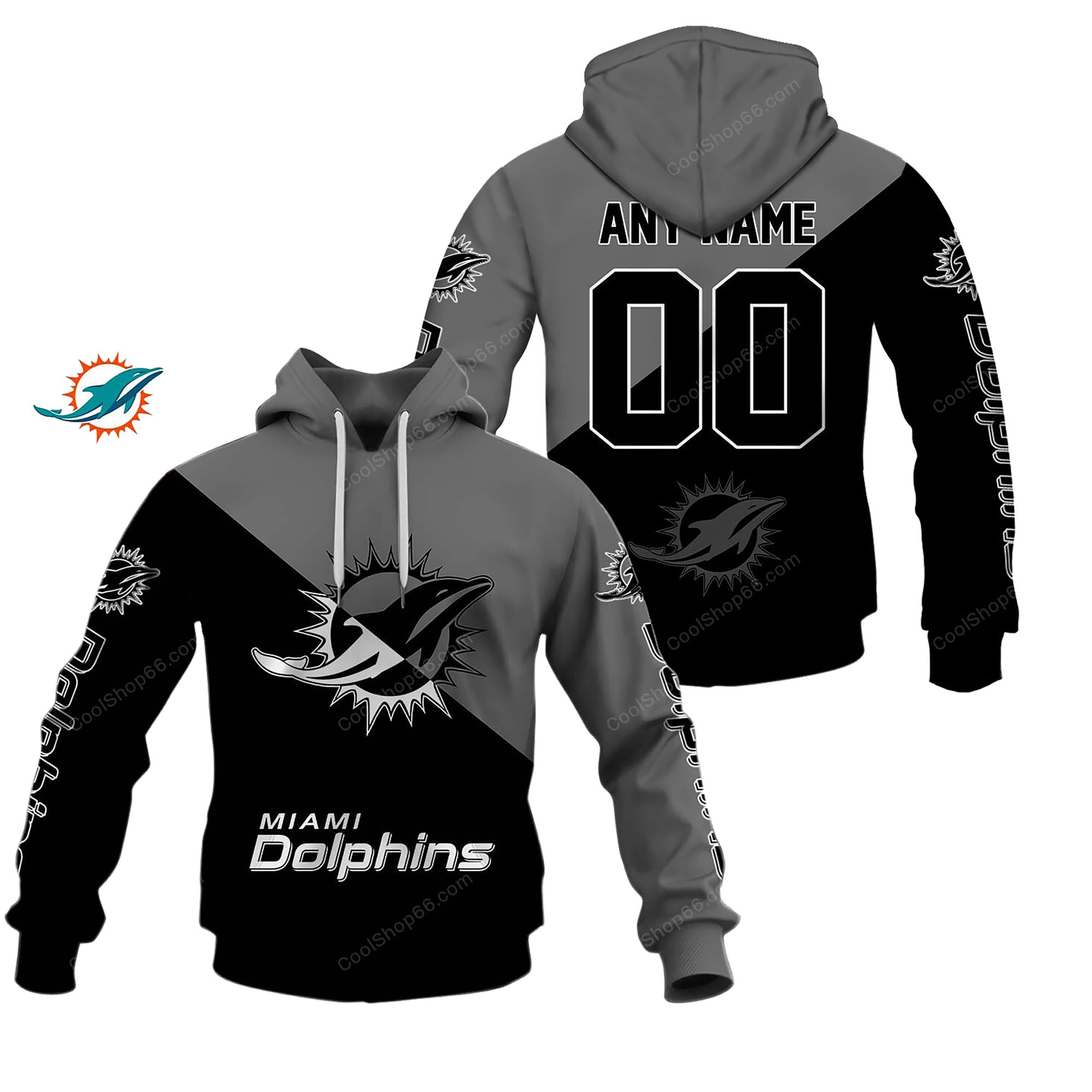 Buildercar - Miami Dolphins Monochrome Power Custom Name Hoodie