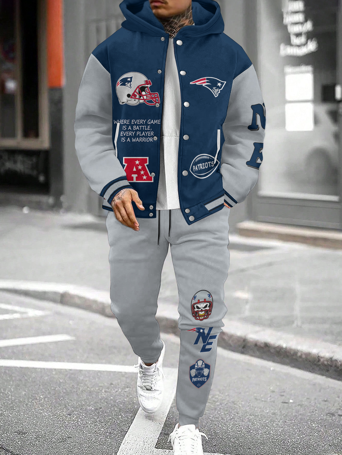 New England Patriots Hooded Jacket With Drawstring Waistband Joggers 2pcs Set