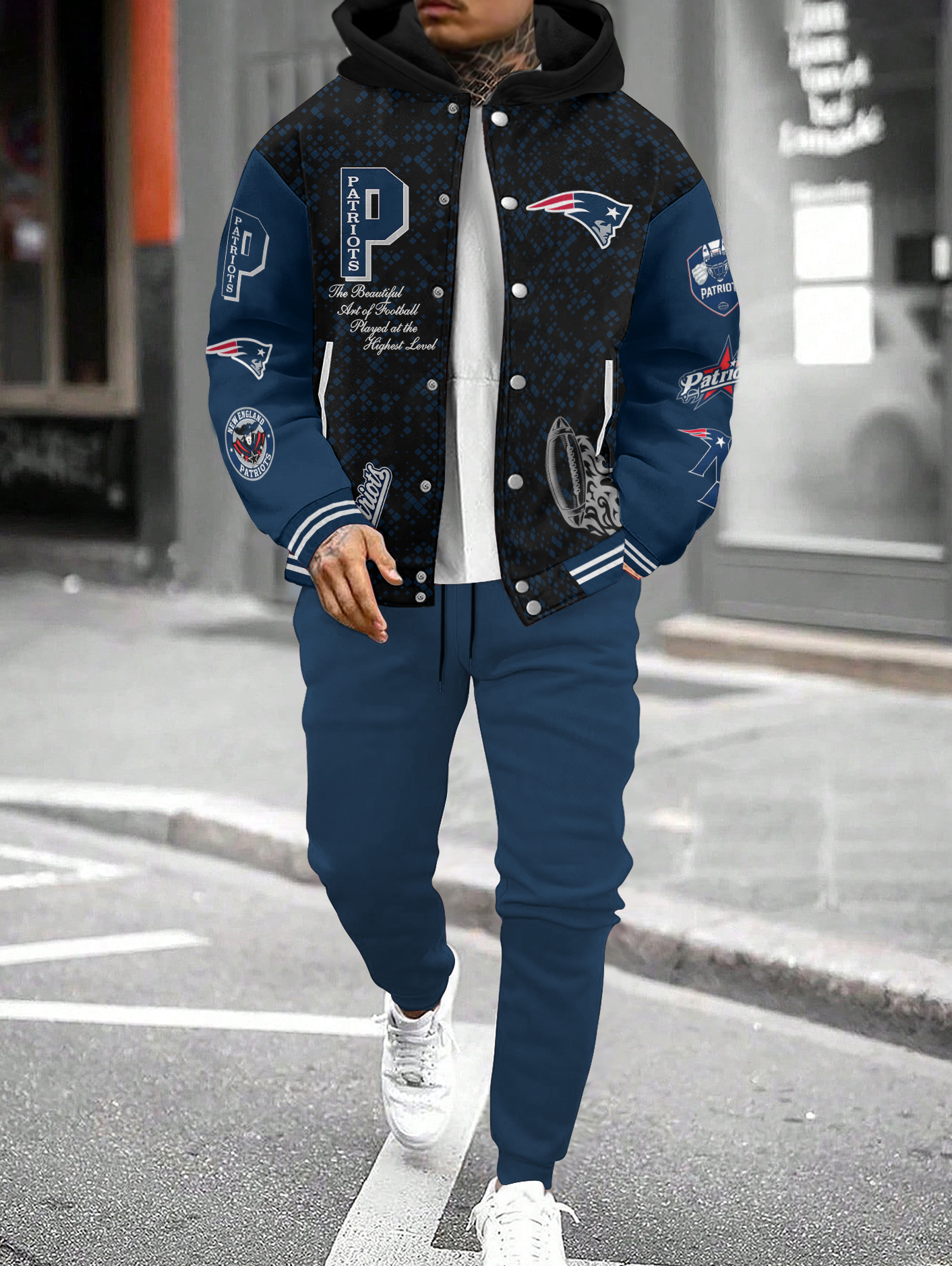 New England Patriots Hooded Jacket With Drawstring Waistband Joggers 2pcs Set