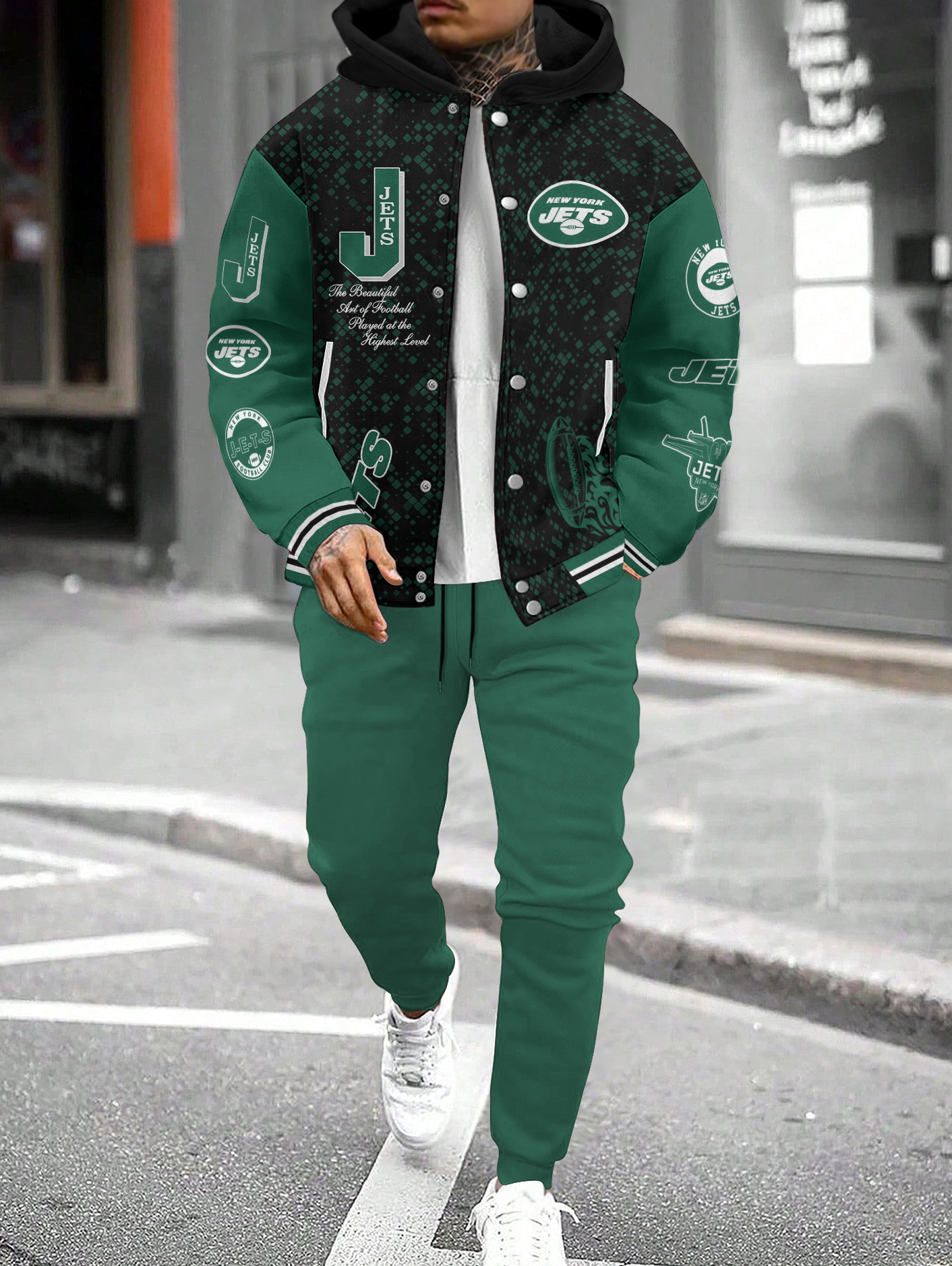 New York Jets Hooded Jacket With Drawstring Waistband Joggers 2pcs Set