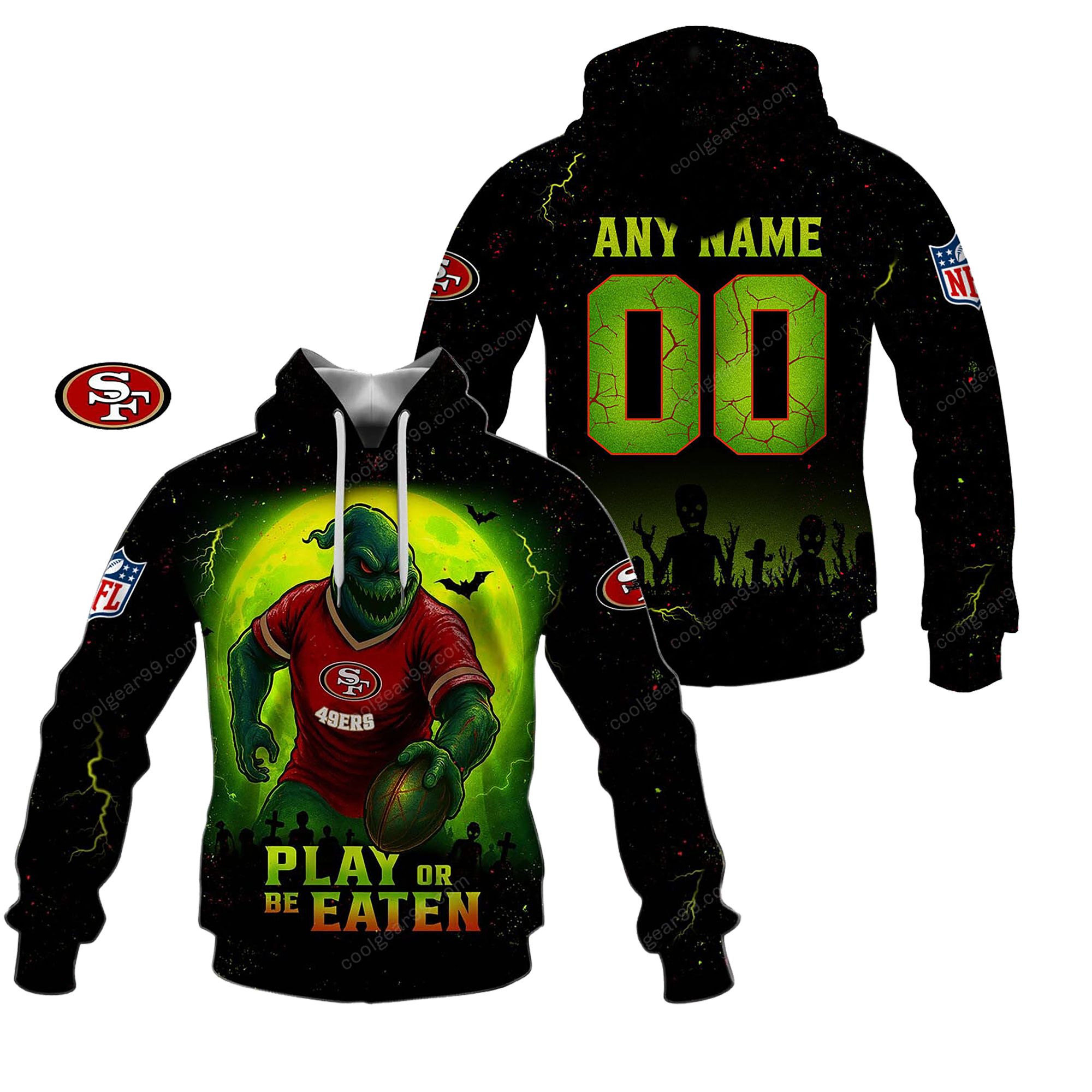 Buildercar - San Francisco 49ers Play Or Be Eaten HLW Custom Name Hoodie