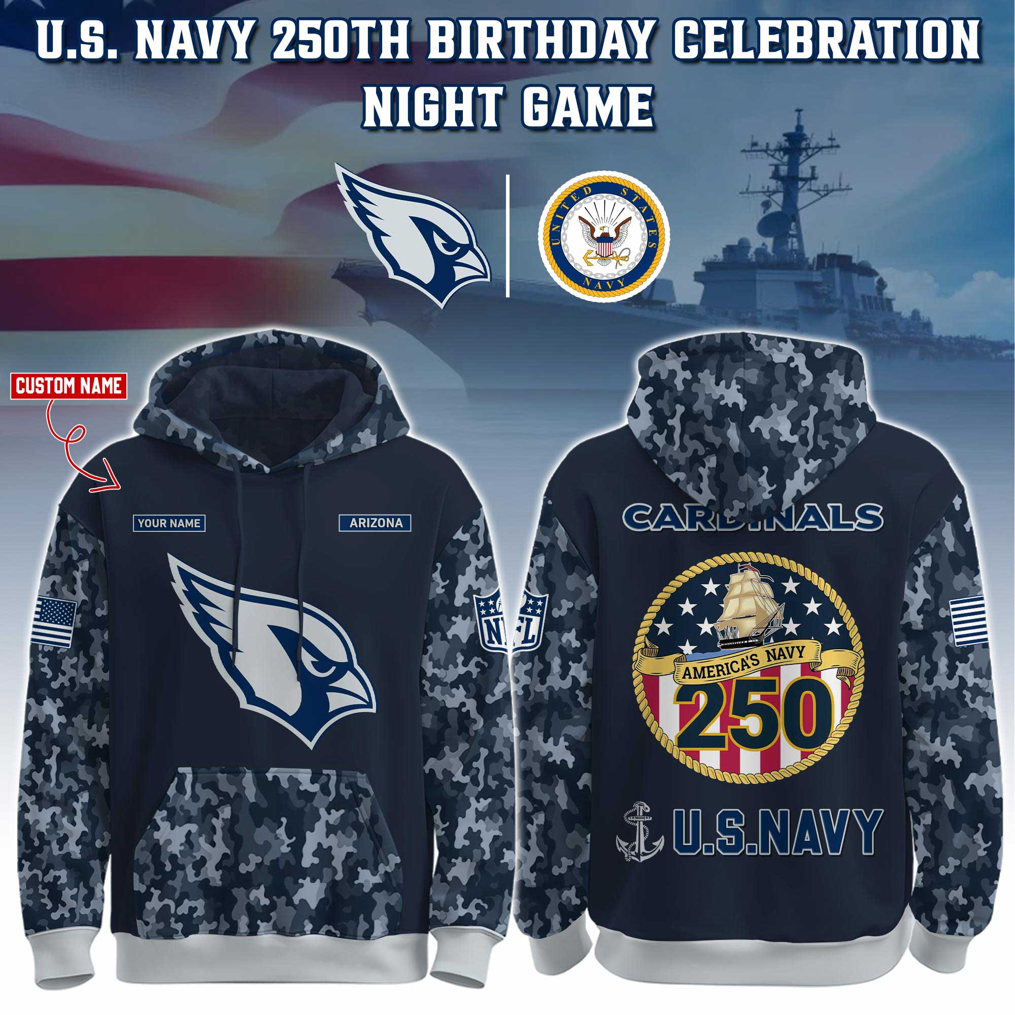 Buildercar - Arizona Cardinals-Navy 250th Birthday Hoodie Limited Edions NFL
