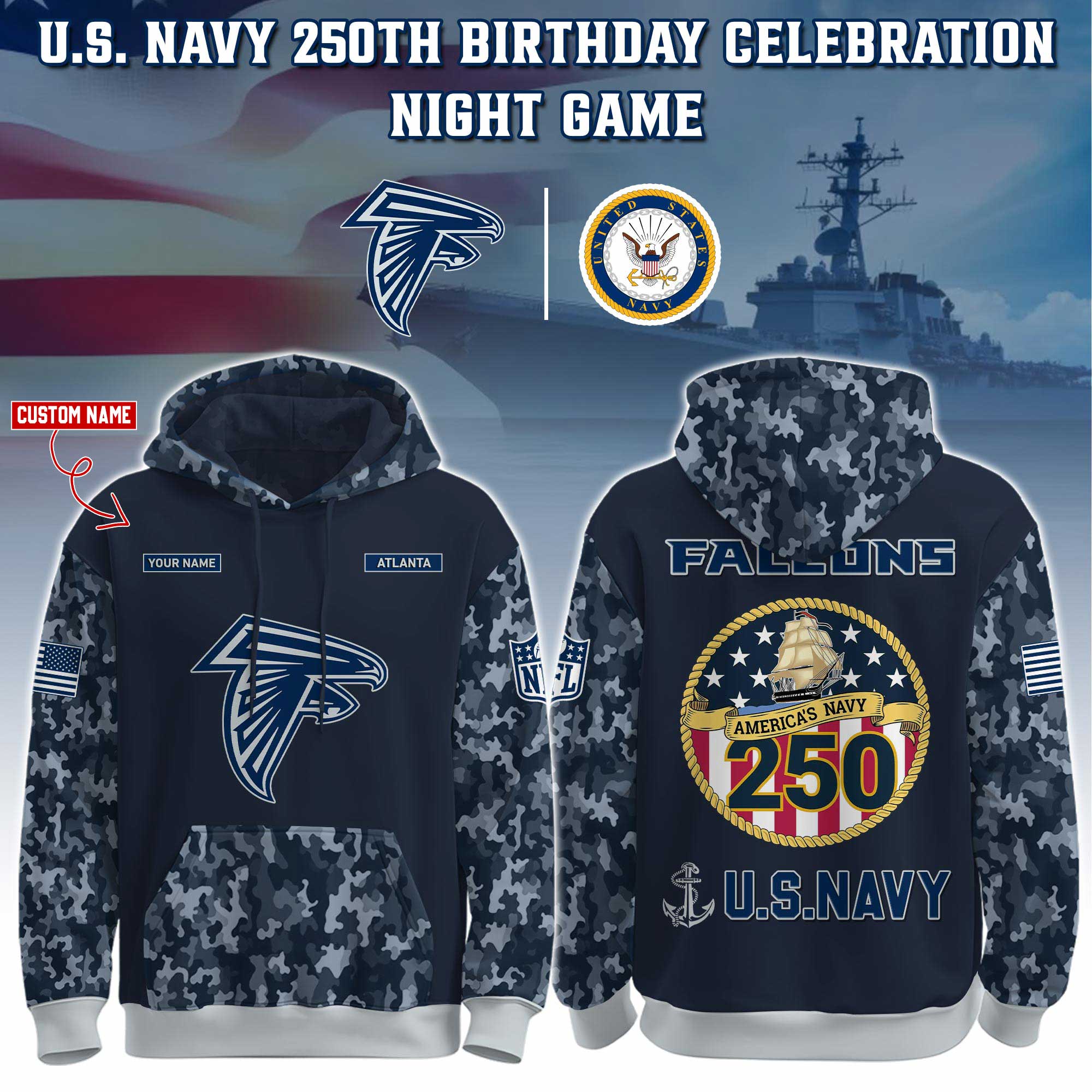 Buildercar - Atlanta Falcons-Navy 250th Birthday Hoodie Limited Edions NFL