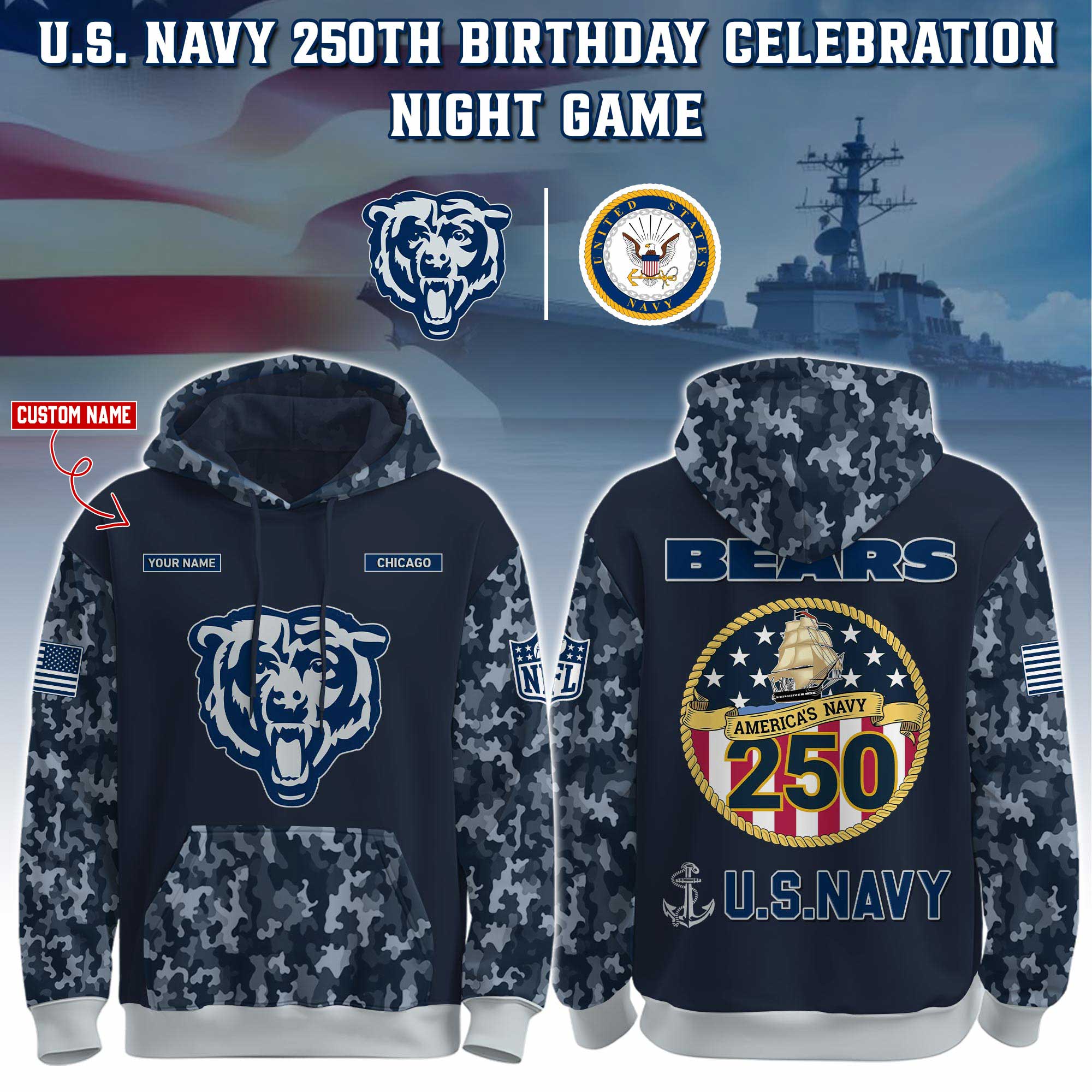 Buildercar - Chicago Bears-Navy 250th Birthday Hoodie Limited Edions NFL
