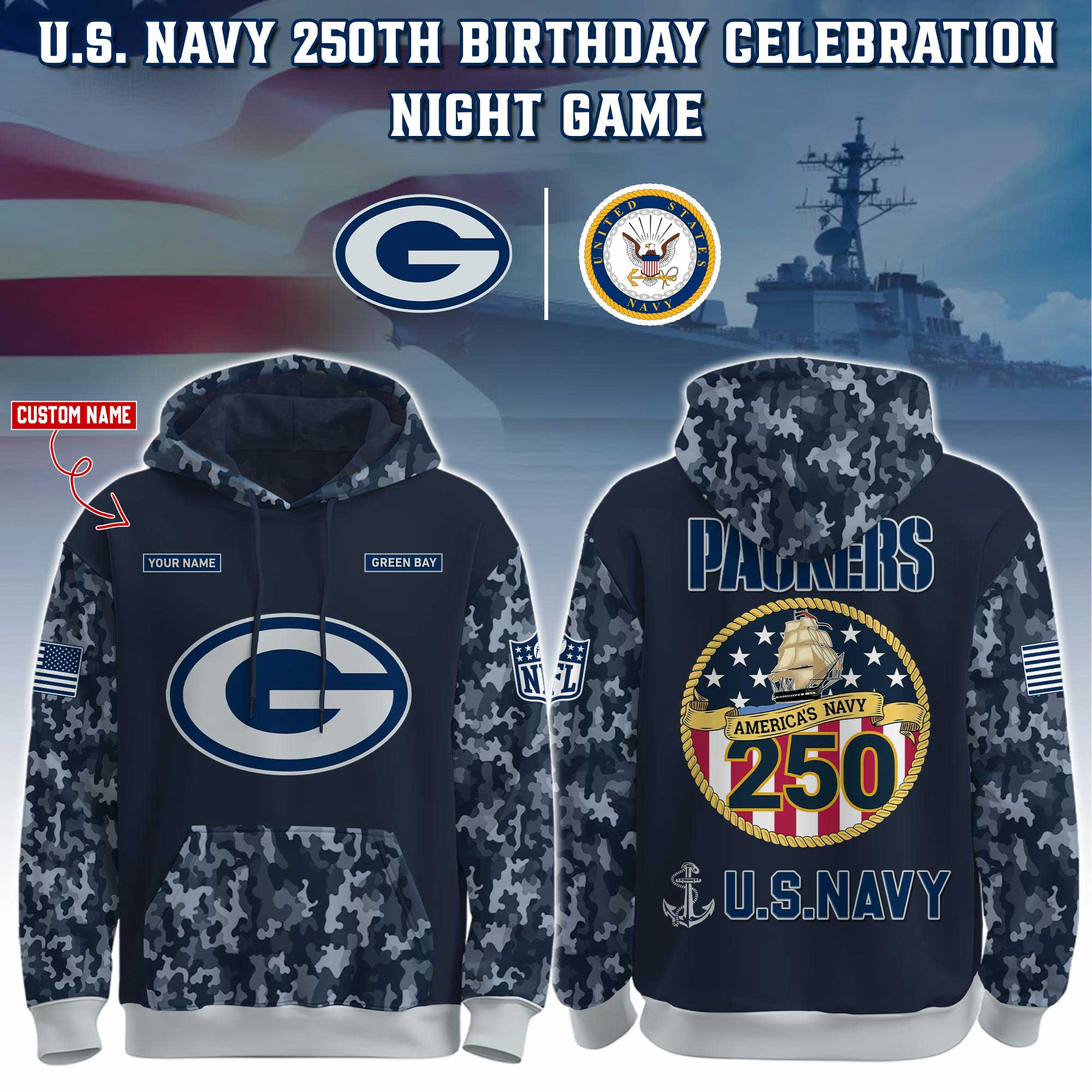 Buildercar - Green Bay Packers-Navy 250th Birthday Hoodie Limited Edions NFL