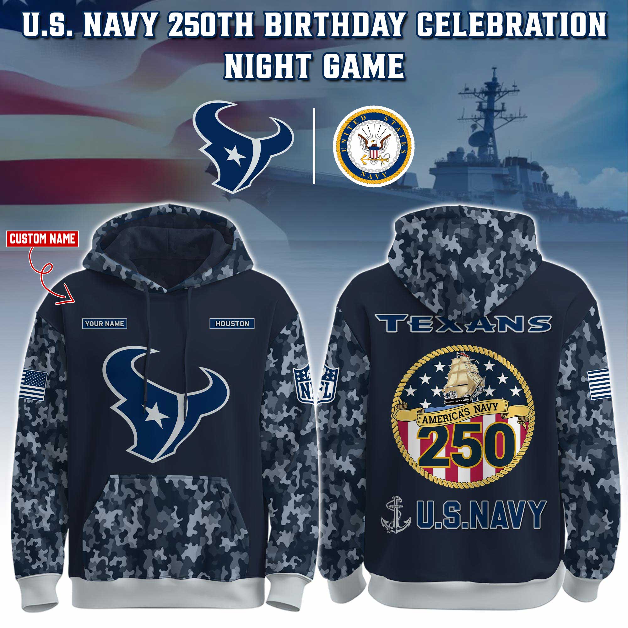 Buildercar - Houston Texans-Navy 250th Birthday Hoodie Limited Edions NFL