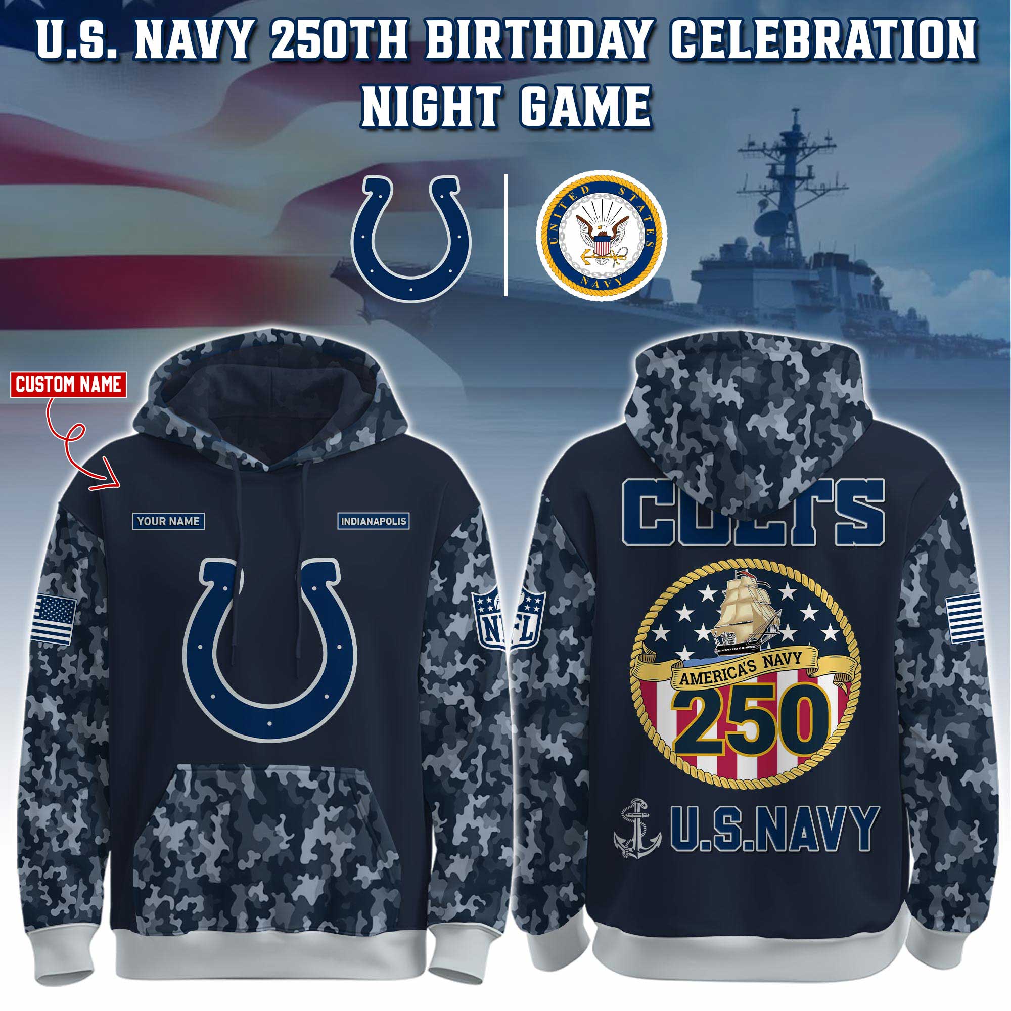Buildercar - Indianapolis Colts-Navy 250th Birthday Hoodie Limited Edions NFL