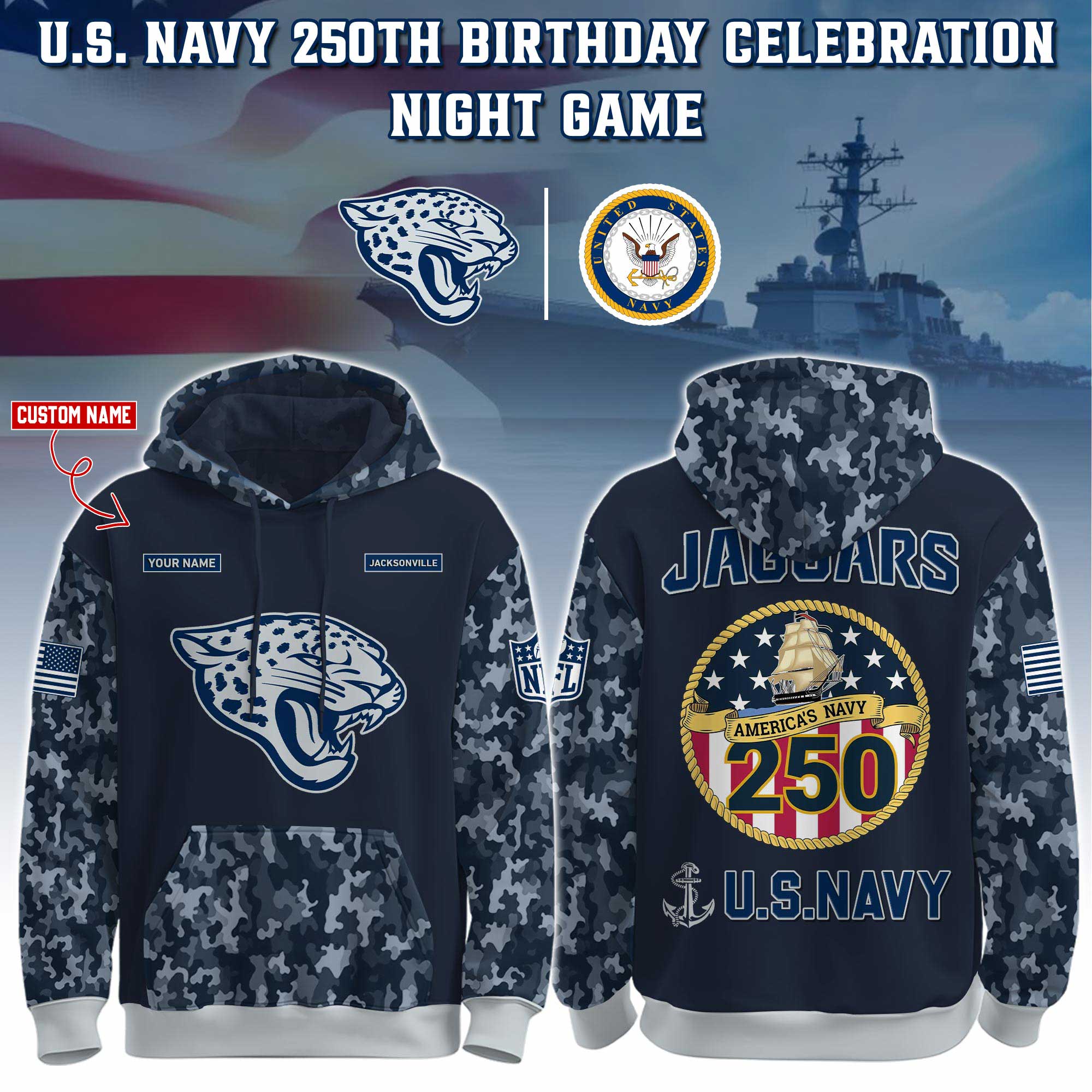 Buildercar - Jacksonville Jaguars-Navy 250th Birthday Hoodie Limited Edions NFL