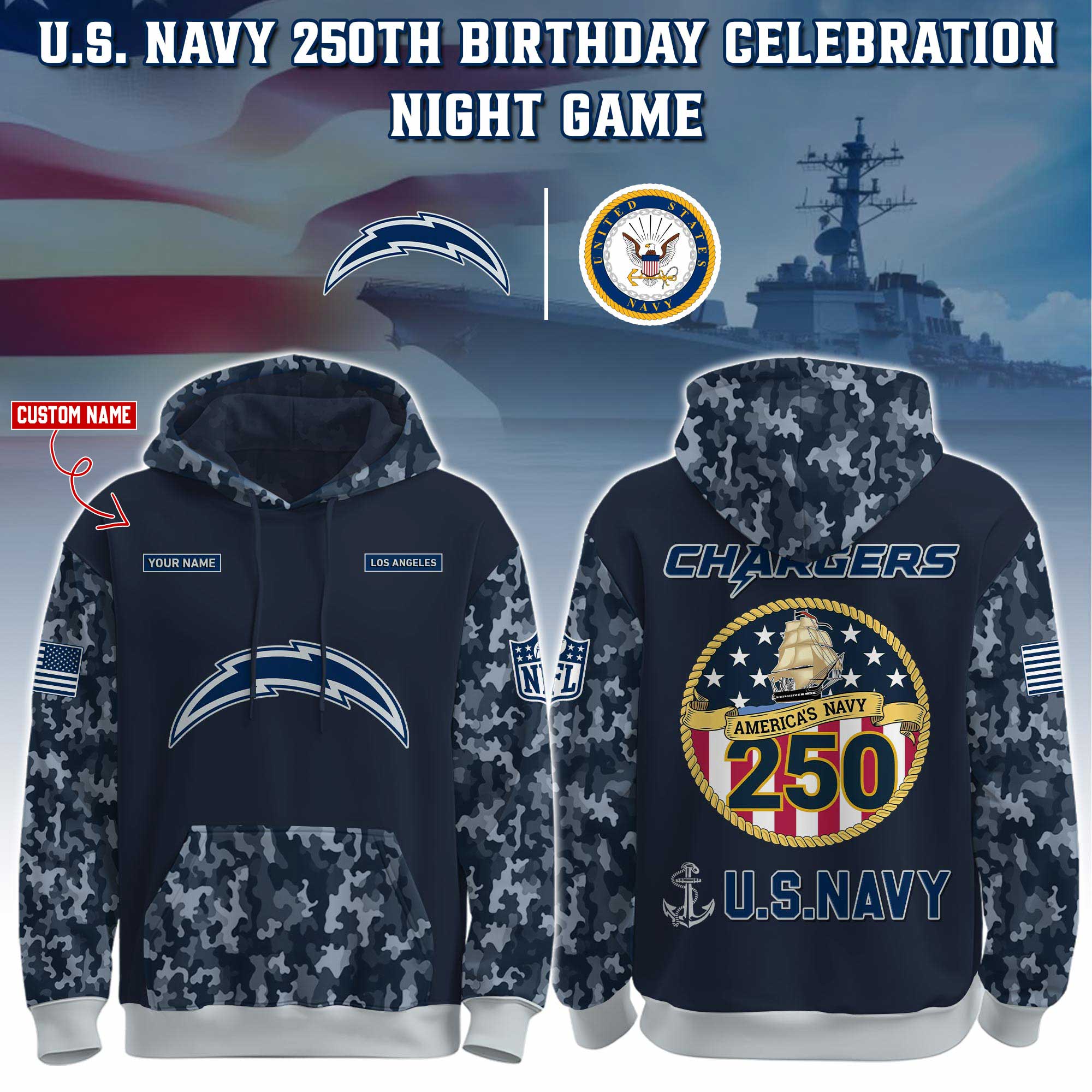 Buildercar - Los Angeles Chargers-Navy 250th Birthday Hoodie Limited Edions NFL