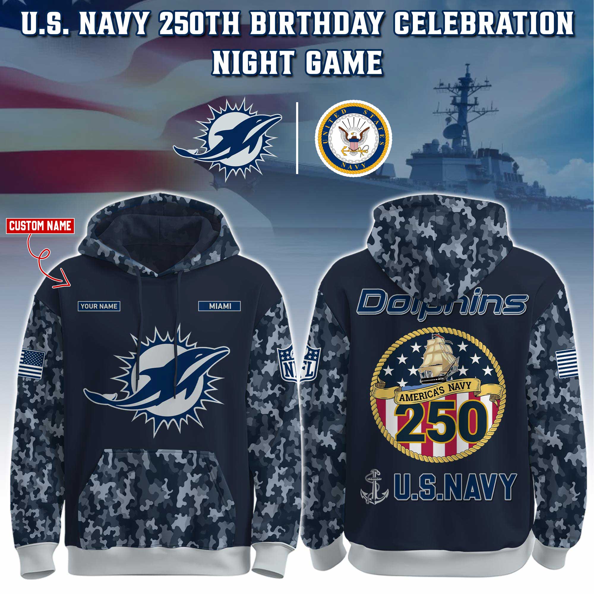 Buildercar - Miami Dolphins-Navy 250th Birthday Hoodie Limited Edions NFL