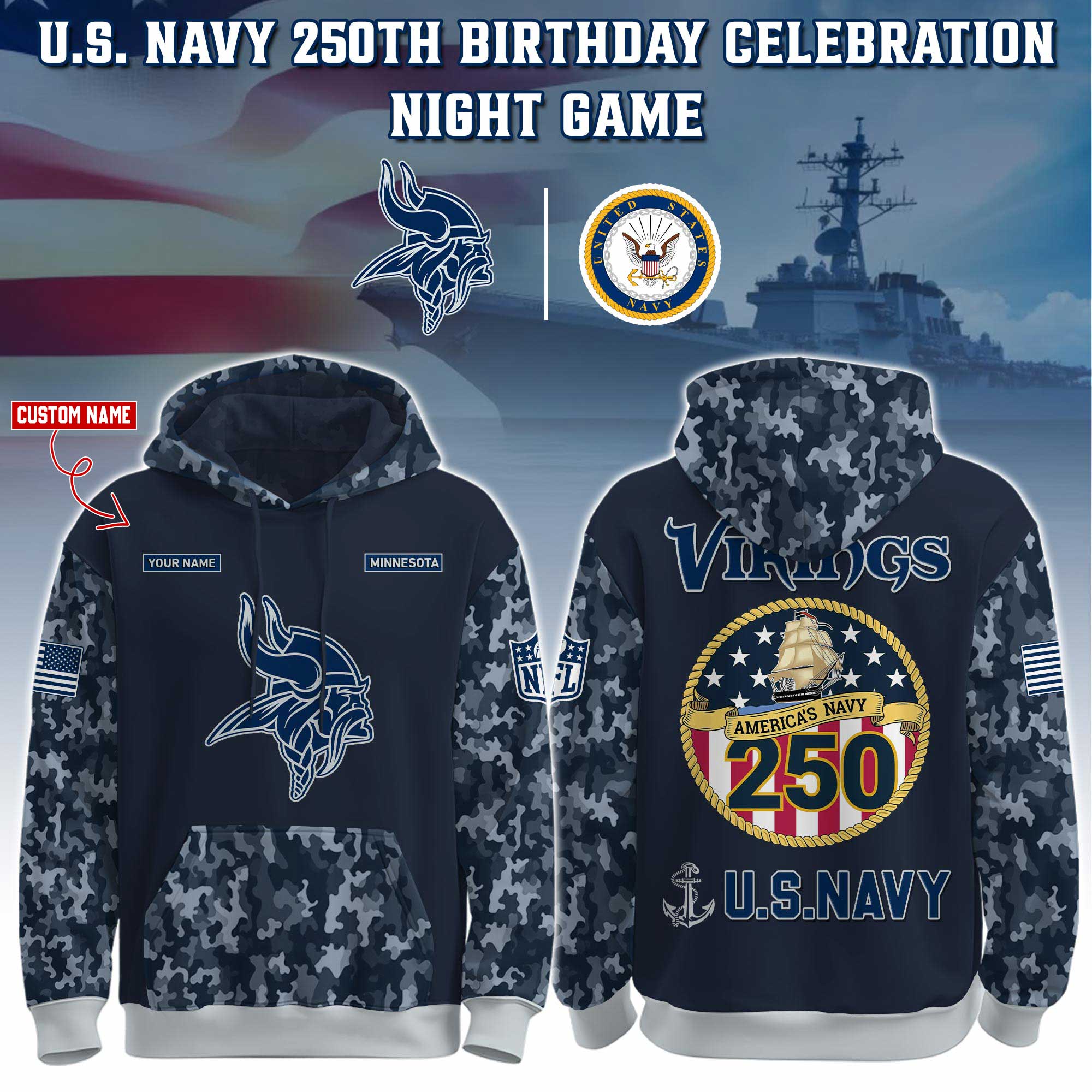 Buildercar - Minnesota Vikings-Navy 250th Birthday Hoodie Limited Edions NFL