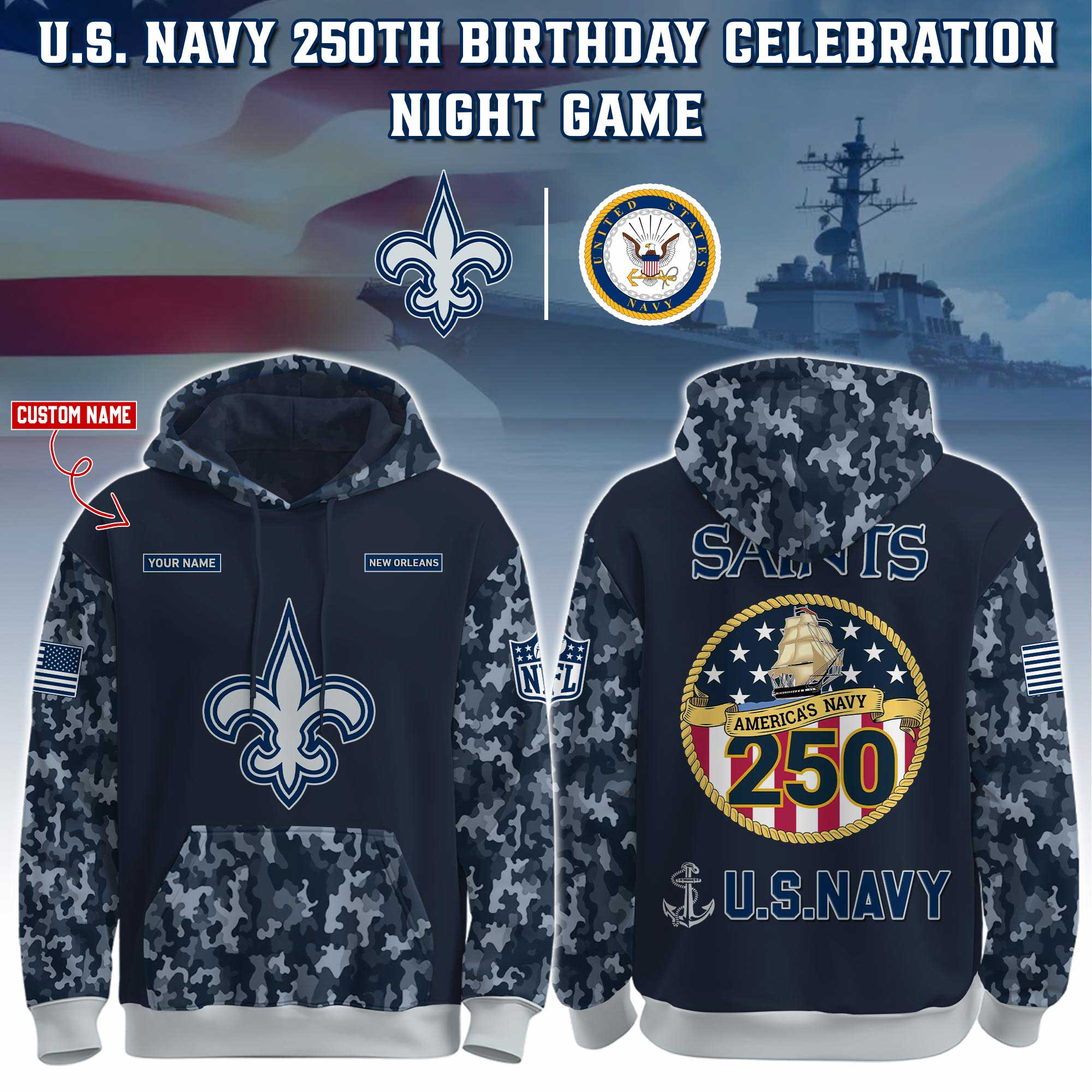 Buildercar - New Orleans Saints-Navy 250th Birthday Hoodie Limited Edions NFL