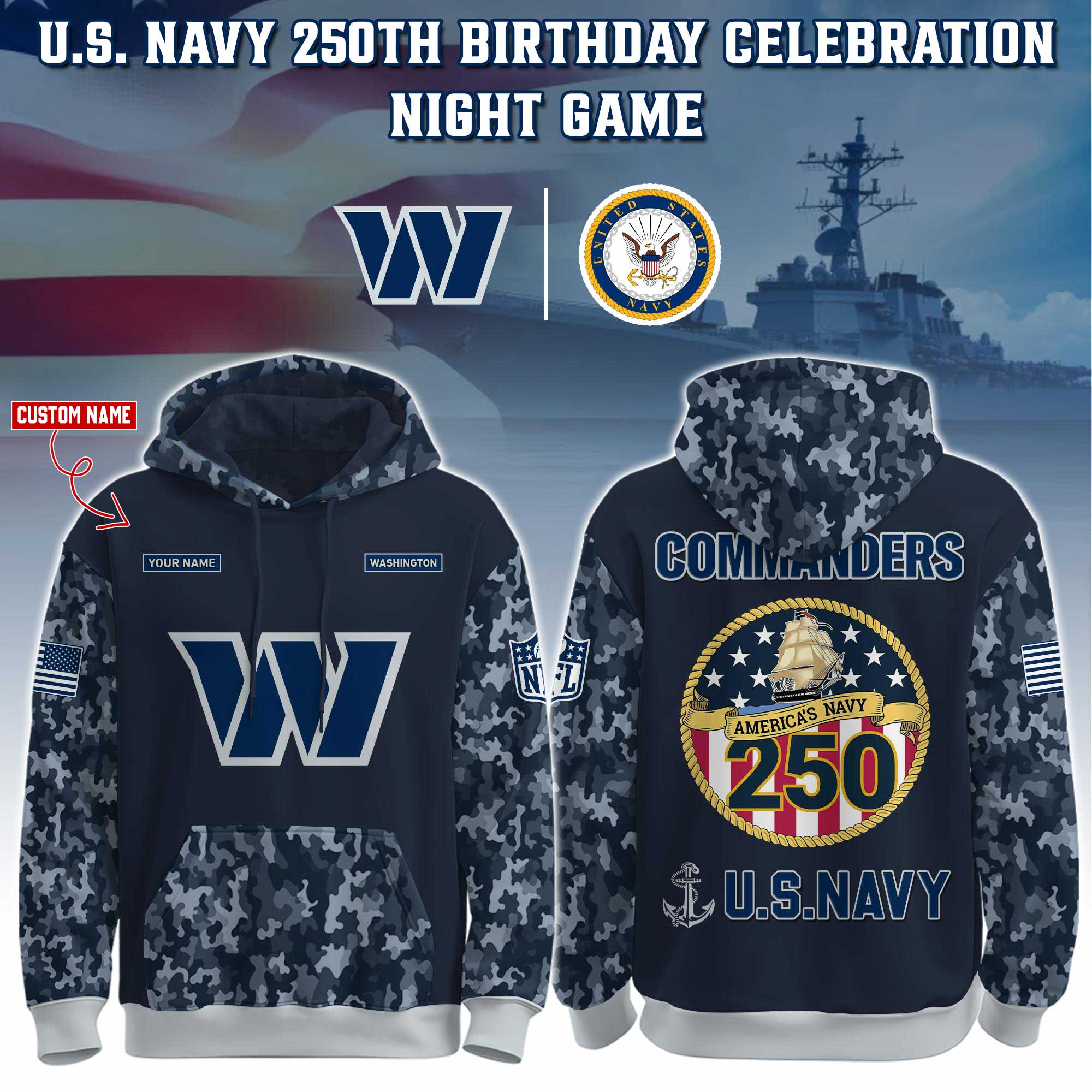 Buildercar - Washington Commanders-Navy 250th Birthday Hoodie Limited Edions NFL