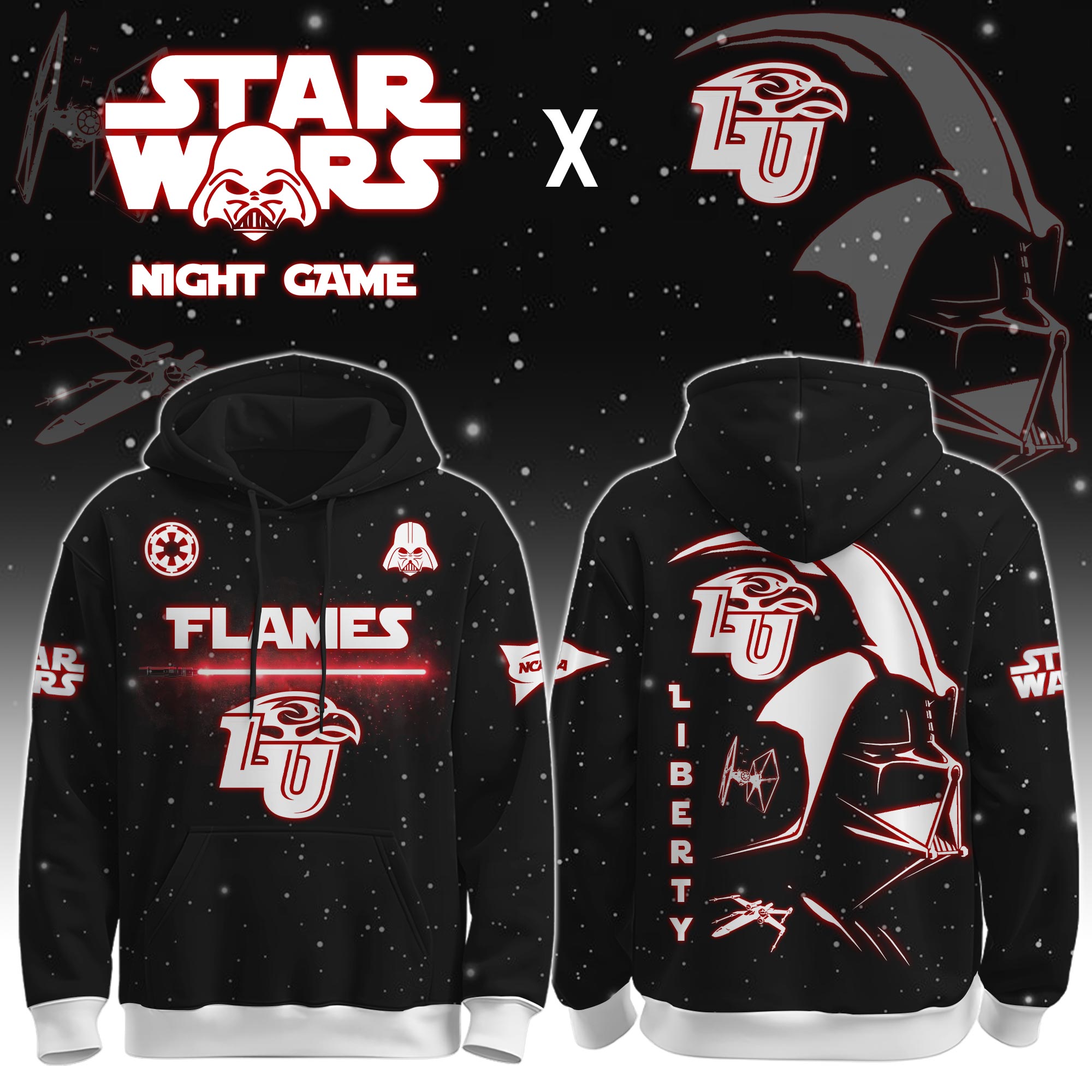 Buildercar - Liberty University (Flames) - NCAA x Dark Vander Star War Limited Editions Hoodie