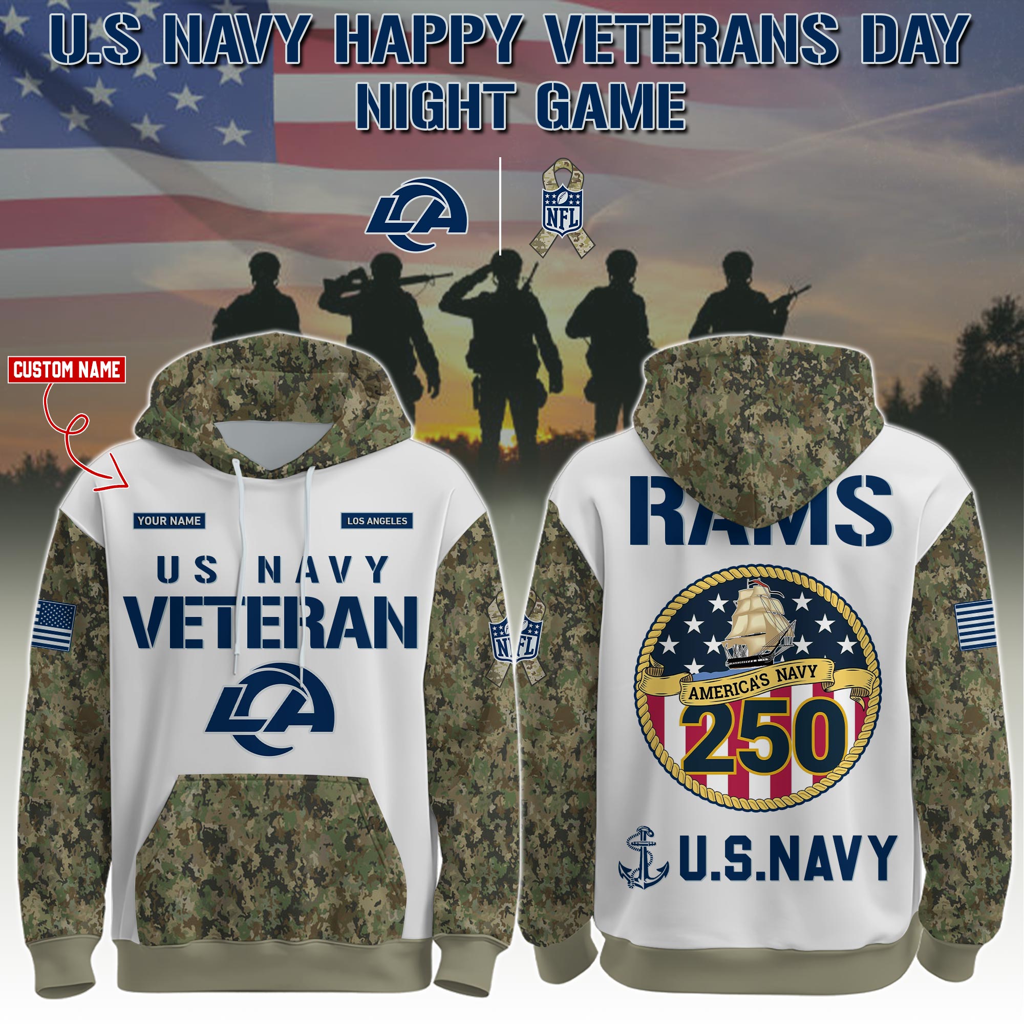 Buildercar - Los Angeles Rams-Navy Veteran 250th Birthday Limited Editions Hoodie NFL