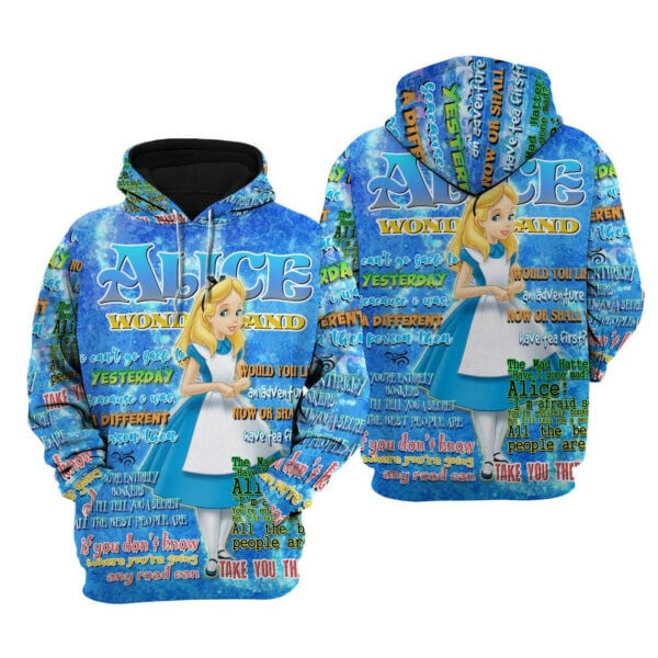 Buildercar - Alice Wonderland Words Pattern Disney Fan Gift Stylist Unisex Cartoon Graphic Outfits Aop Hoodie 1402