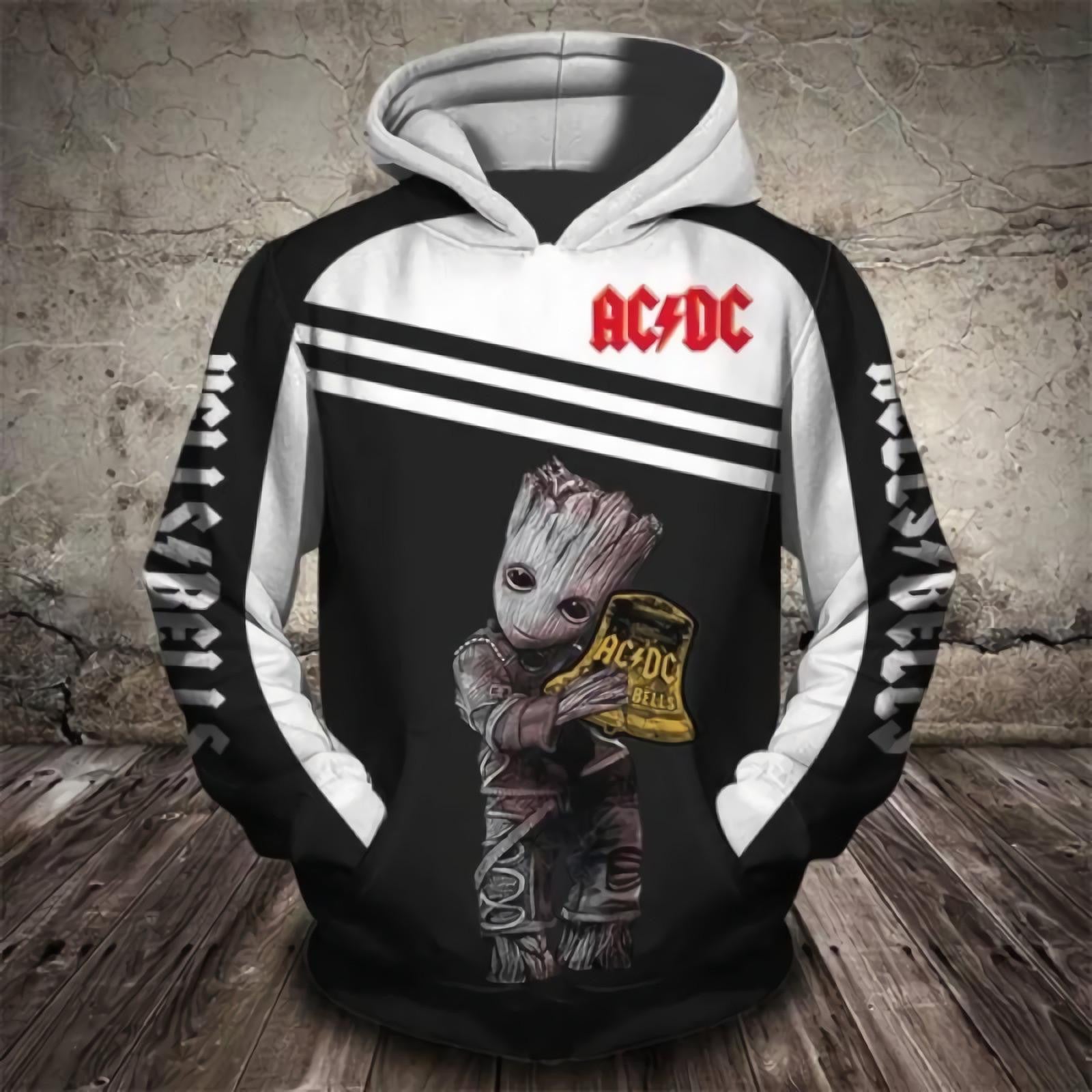 Buildercar - Baby Groot Marvel Comics, Groot Hug Acdc Band Logo Hells Bellsall Over Print Hoodie