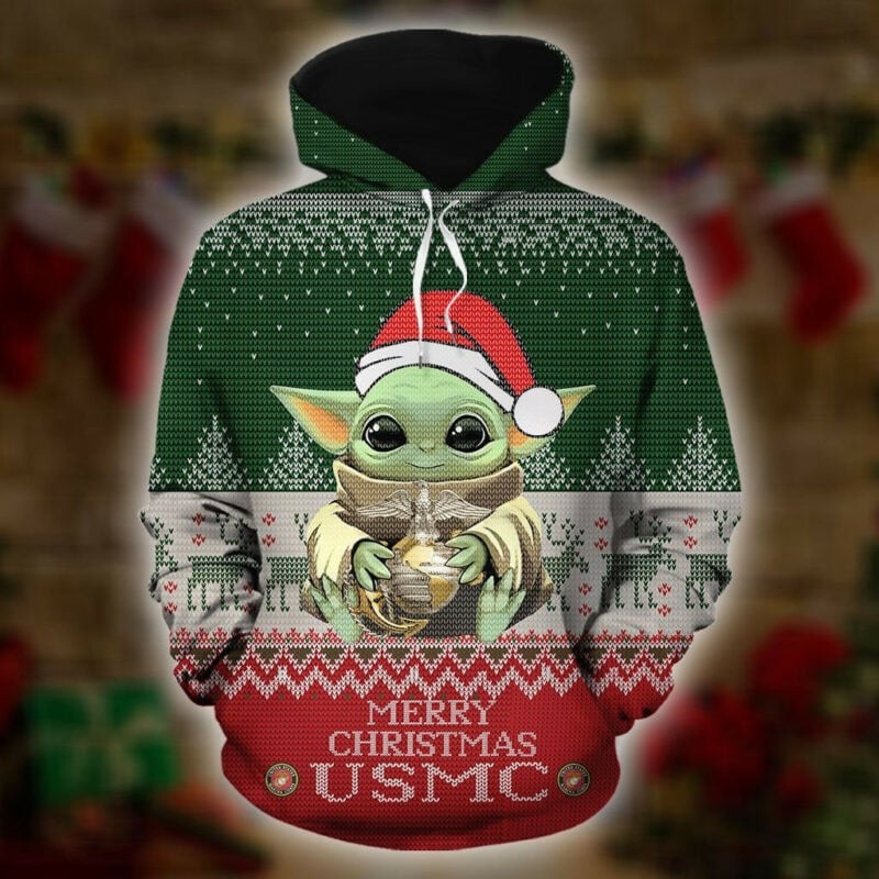 Buildercar - Baby Yoda Us Marine Merry Christmas 3d Hoodie