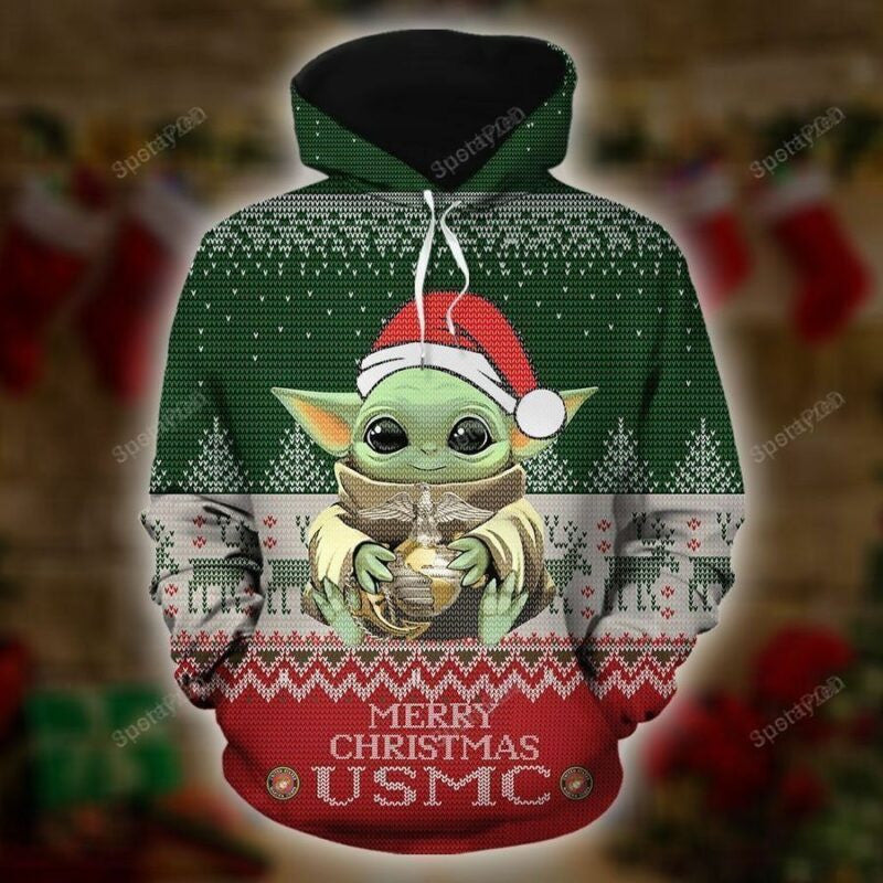 Buildercar - Baby Yoda Usmc Mery Christmas 3d All Over Print Hoodie, Hoodie