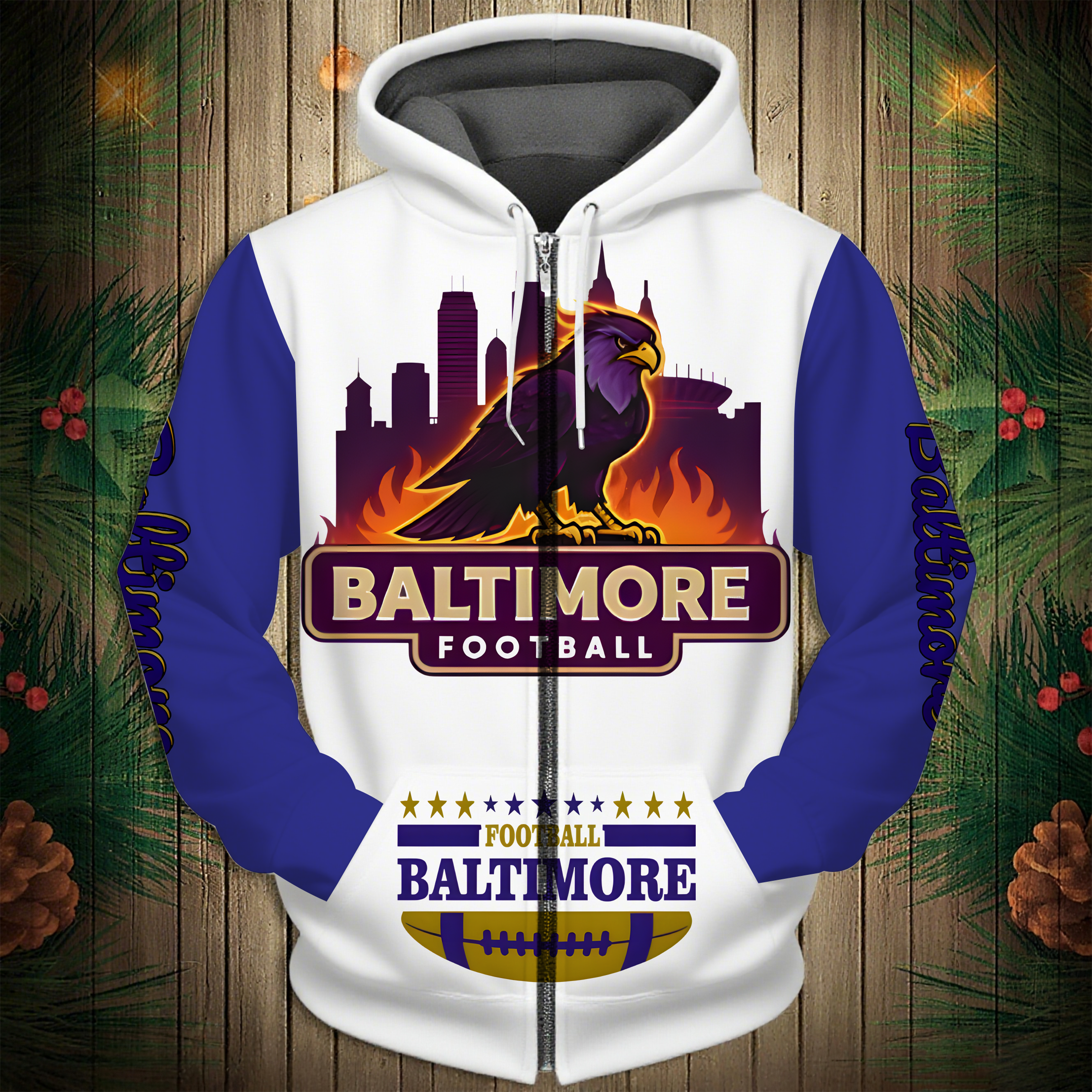 Buildercar - Baltimore Ravens  City Mascot Pattern Hoodie Unisex NFL Pullover Hoodie for Football Fans hm10112727