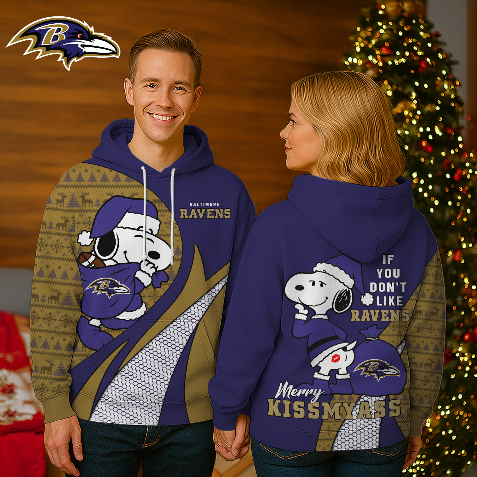 Buildercar - Baltimore Ravens Premium NFL Funny Christmas Snoopy 3D Hoodie