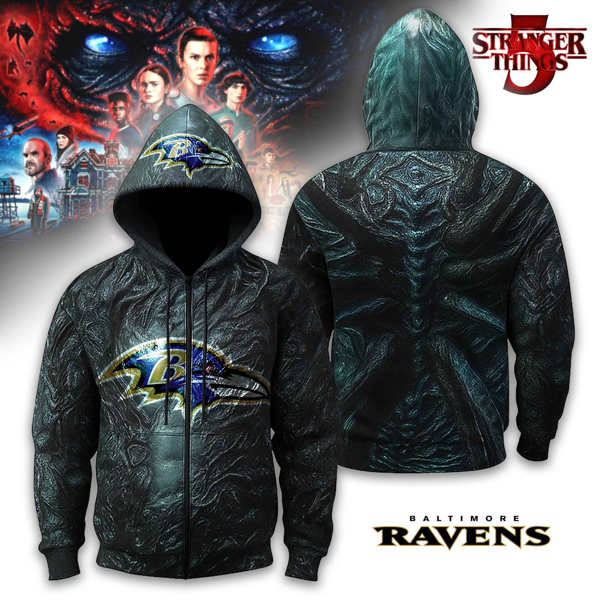 Buildercar - Baltimore Ravens | Premium NFL Stranger Things Zip Hoodie