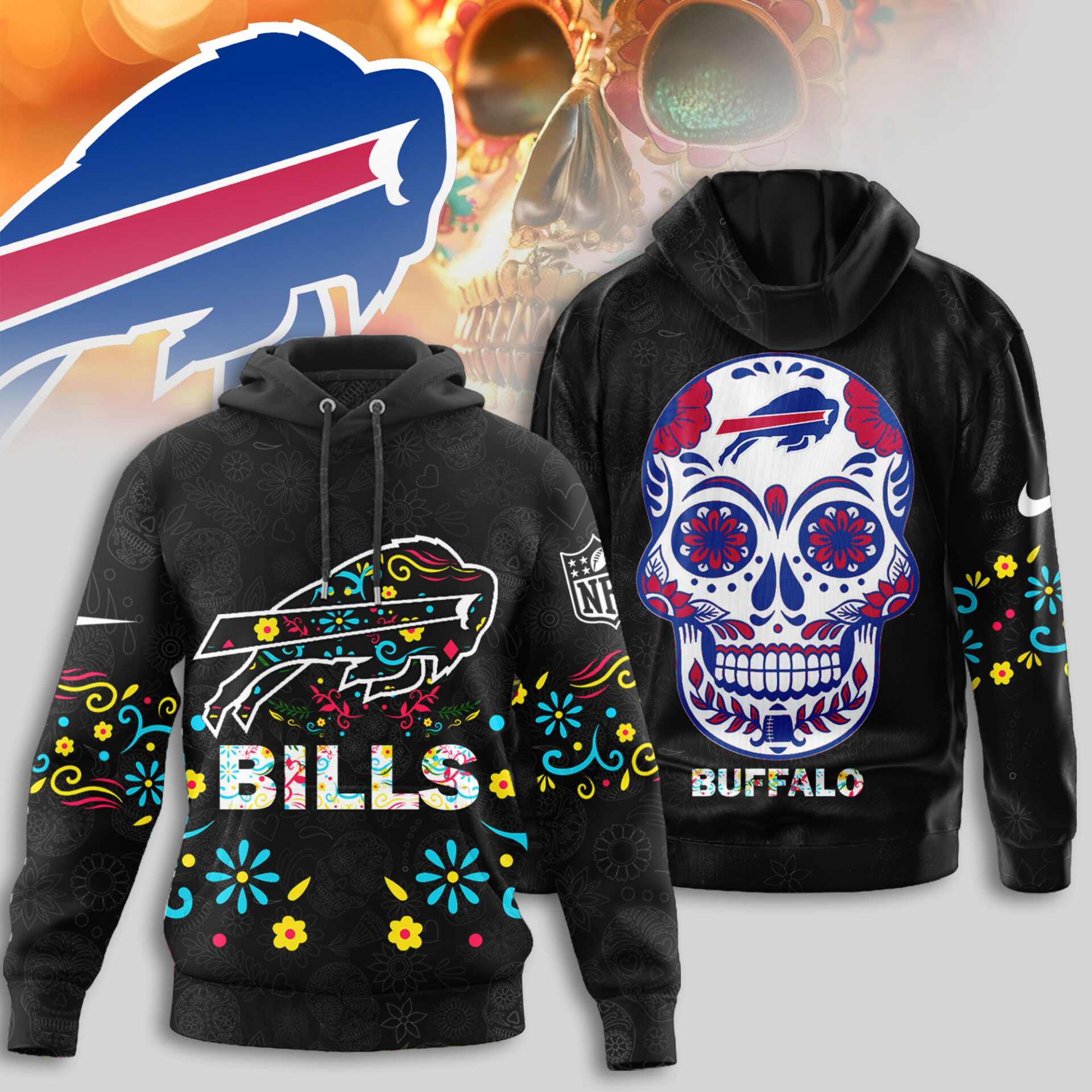 Buildercar - Buffalo Bills | Premium NFL Dia de los Muertos Limited Editions Hoodie
