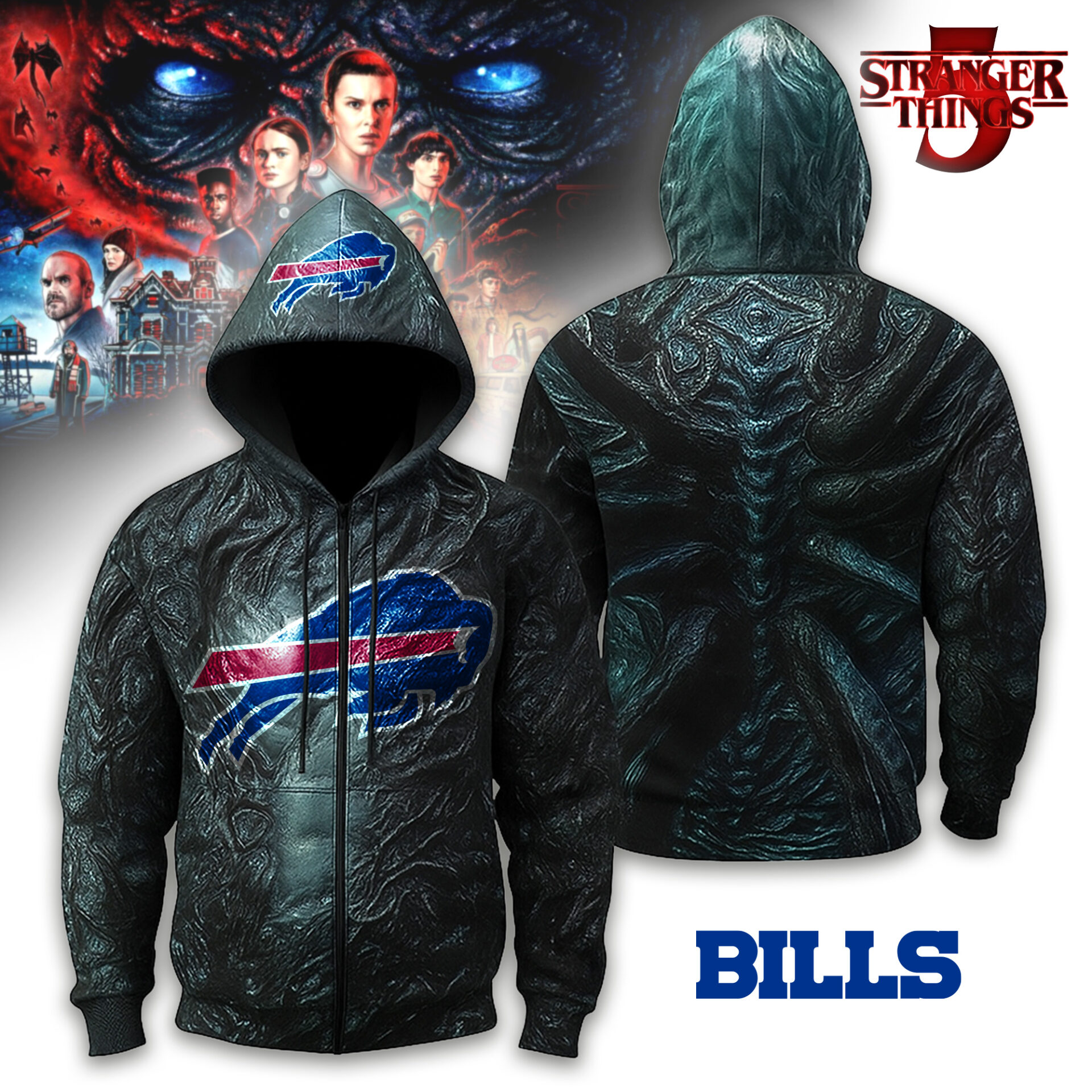 Buildercar - Buffalo Bills | Premium NFL Stranger Things Zip Hoodie