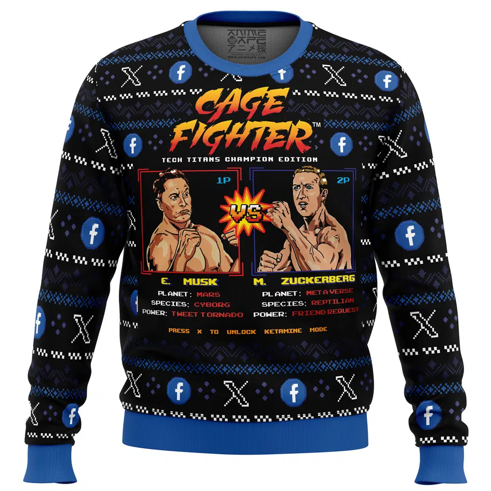 Buildercar - Cage Fighter Elun Mask vs.Mark Zuckerberg Funny Ugly Christmas Sweater