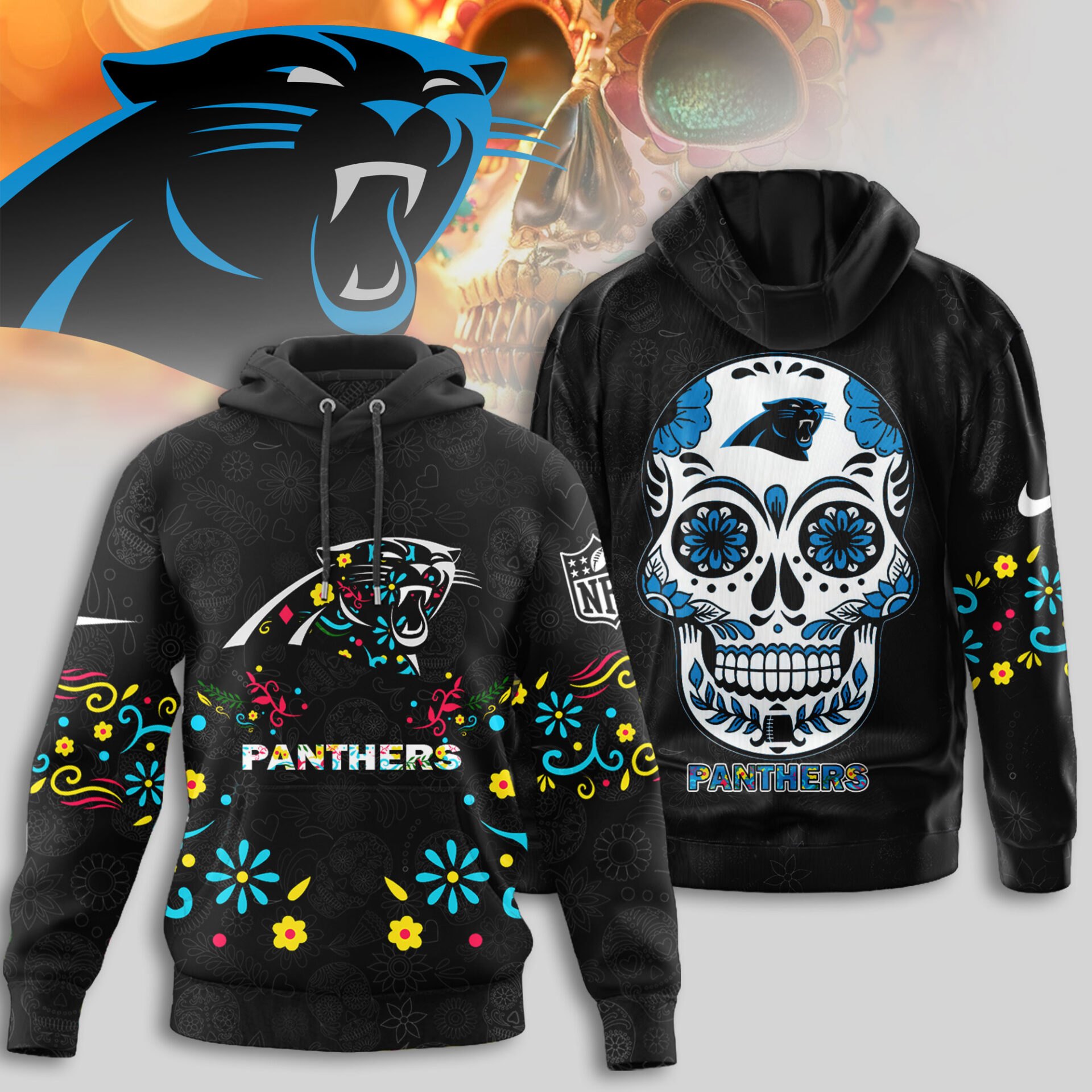 Buildercar - Carolina Panthers | Premium NFL Dia de los Muertos Limited Editions Hoodie