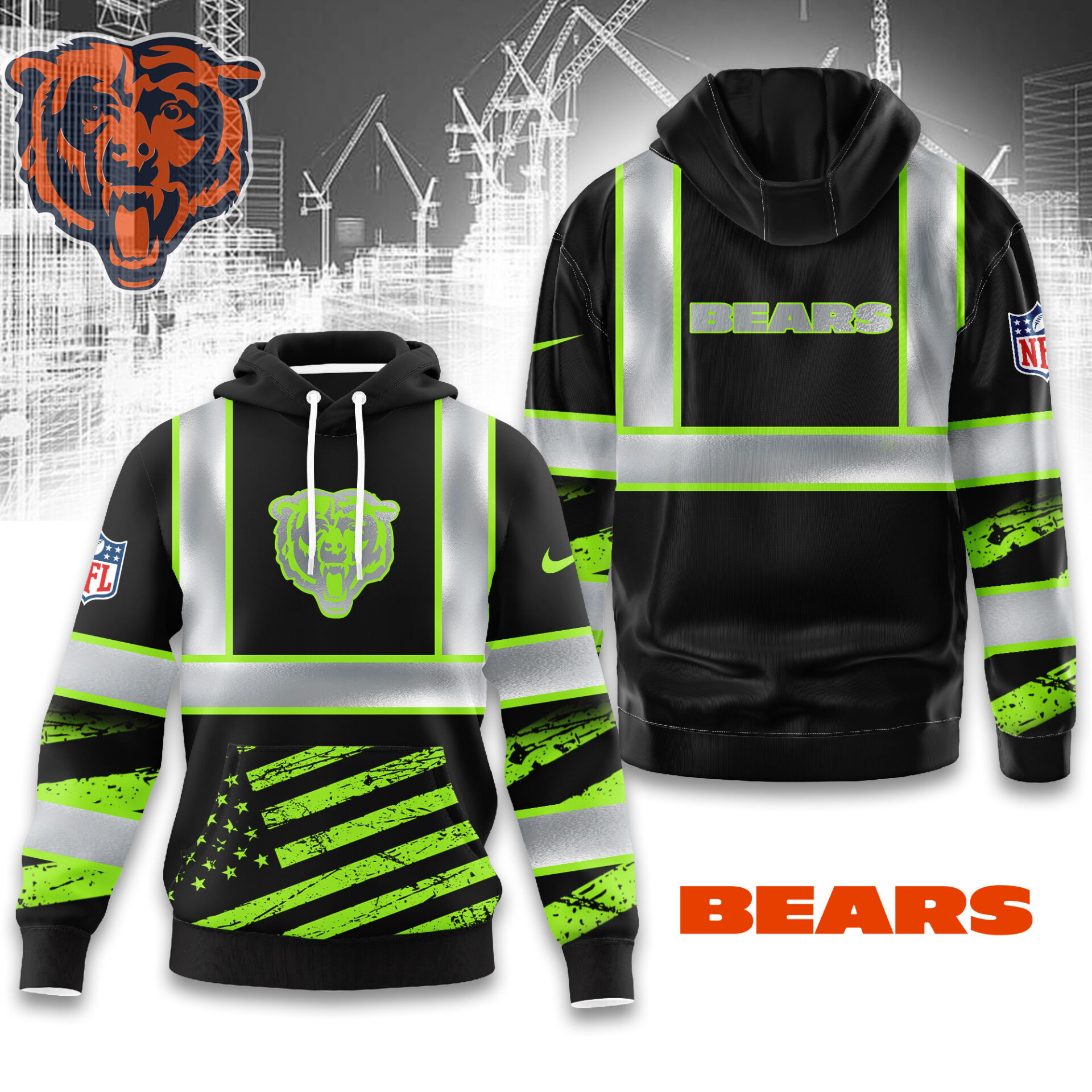 Buildercar - Chicago Bears | Premium NFL Safety Hi-Vis Hoodie