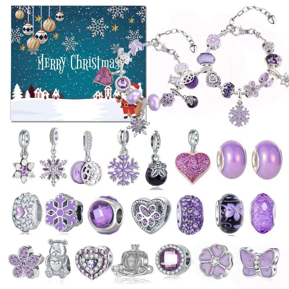 Buildercar - Christmas Advent Calendar Charm Bracelet Set | Purple Snowflakes -2D Acrylic
