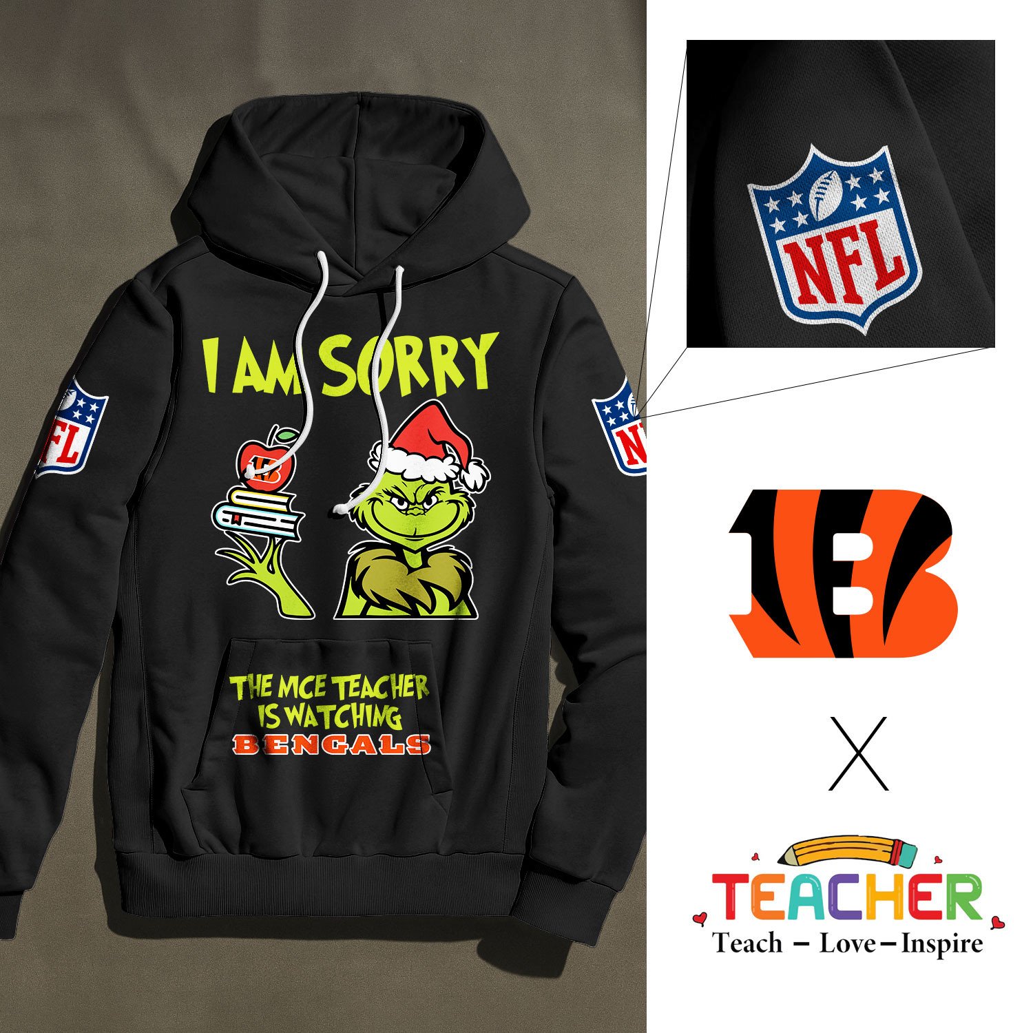 Buildercar - Cincinnati Bengals | Premium NFL Grinch Teacher Appreciation Hoodie