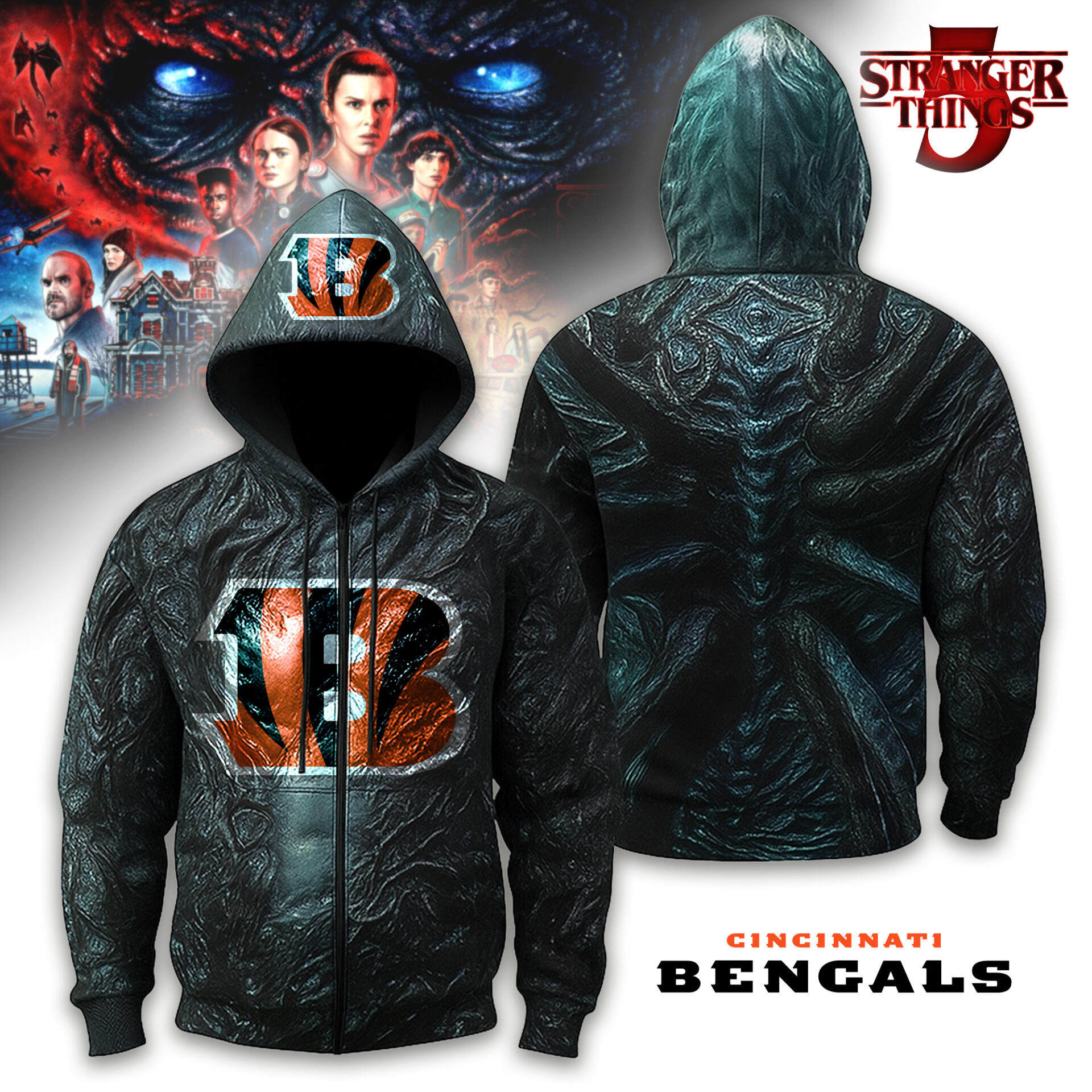 Buildercar - Cincinnati Bengals | Premium NFL Stranger Things Zip Hoodie
