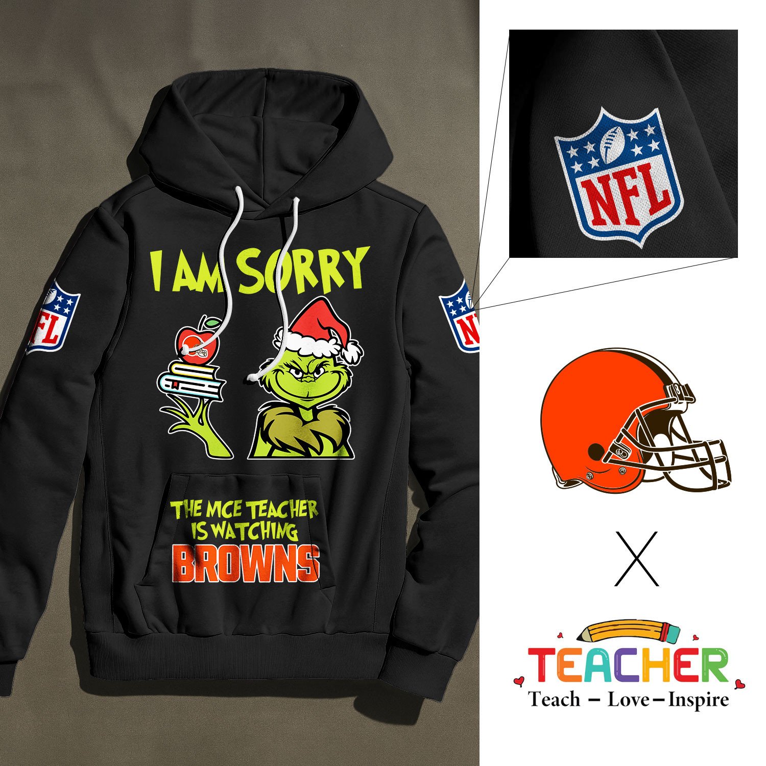 Buildercar - Cleveland Browns | Premium NFL Grinch Teacher Appreciation Hoodie