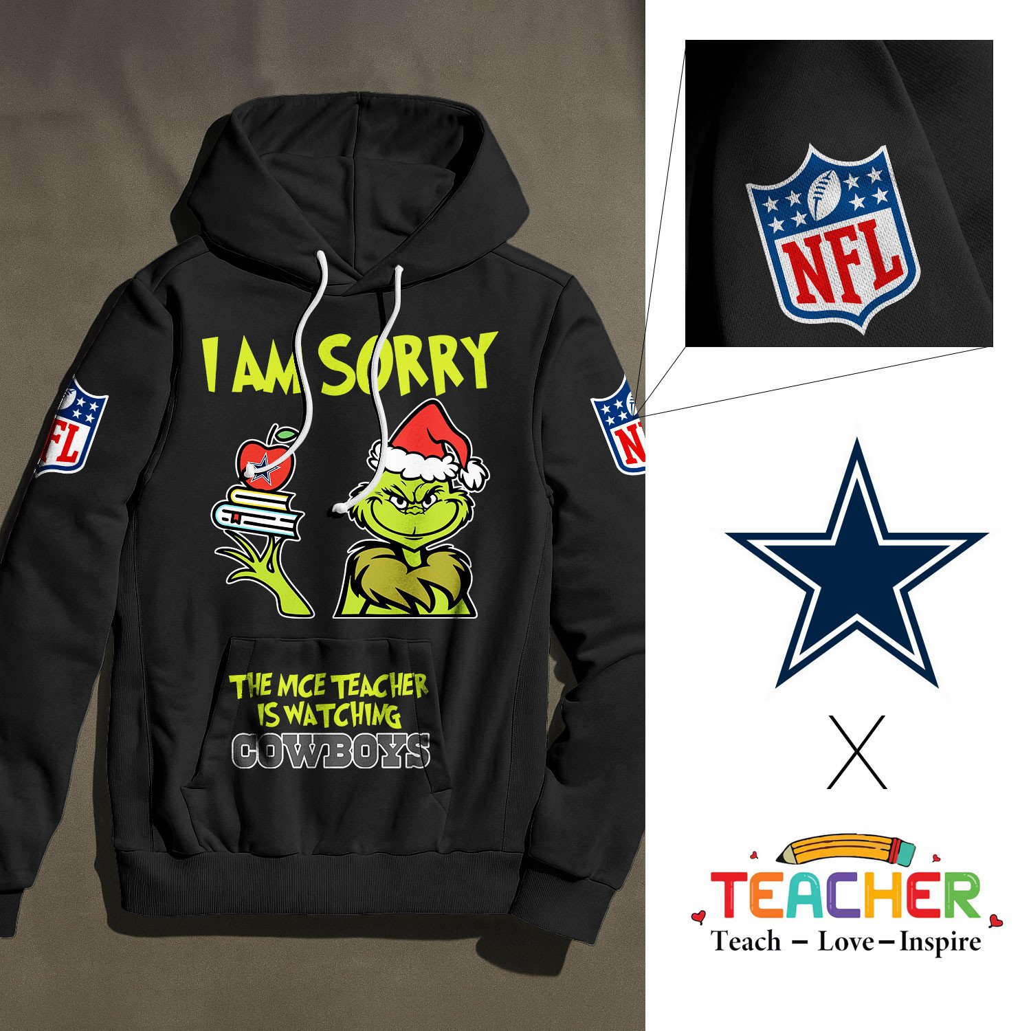 Buildercar - Dallas Cowboys | Premium NFL Grinch Teacher Appreciation Hoodie