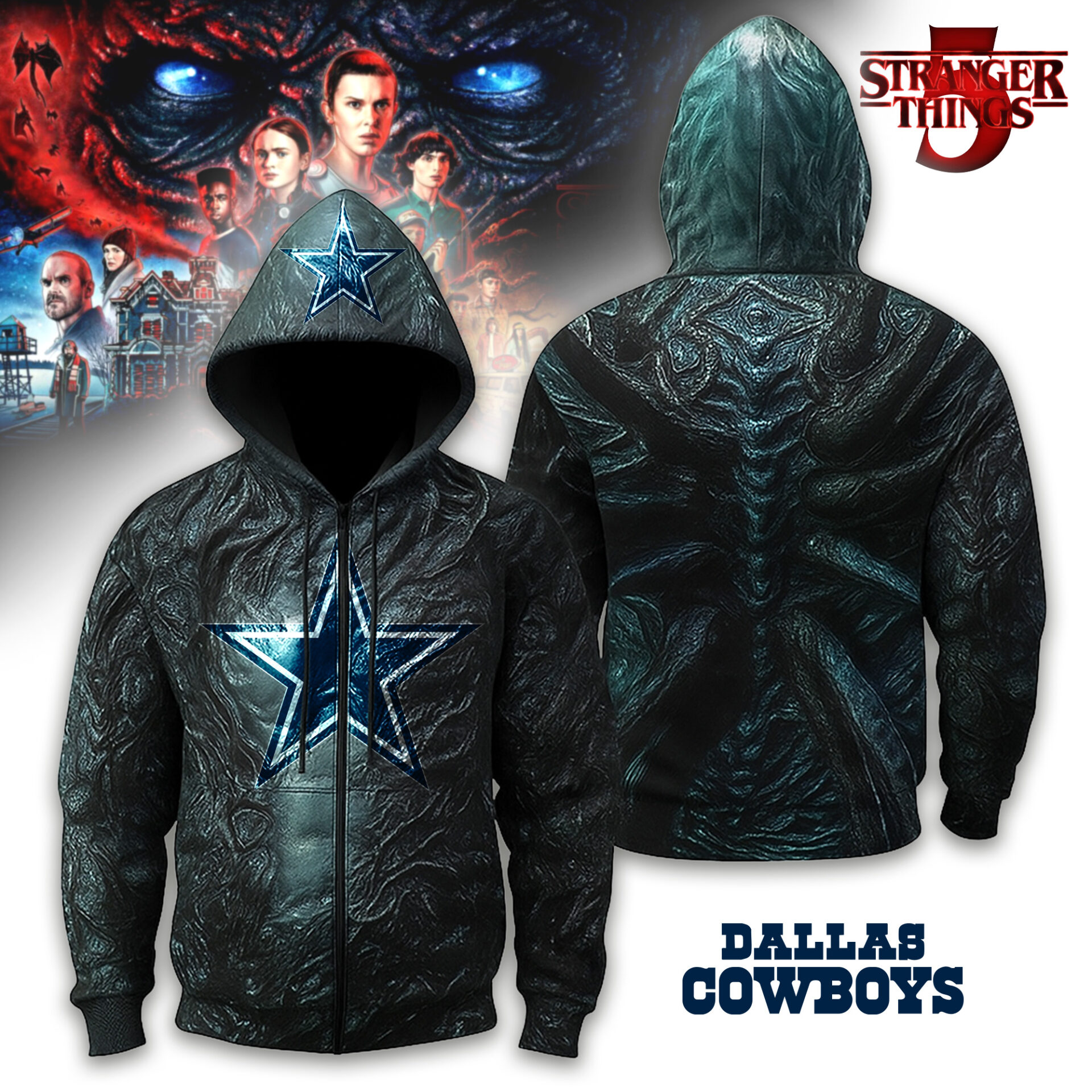 Buildercar - Dallas Cowboys | Premium NFL Stranger Things Zip Hoodie