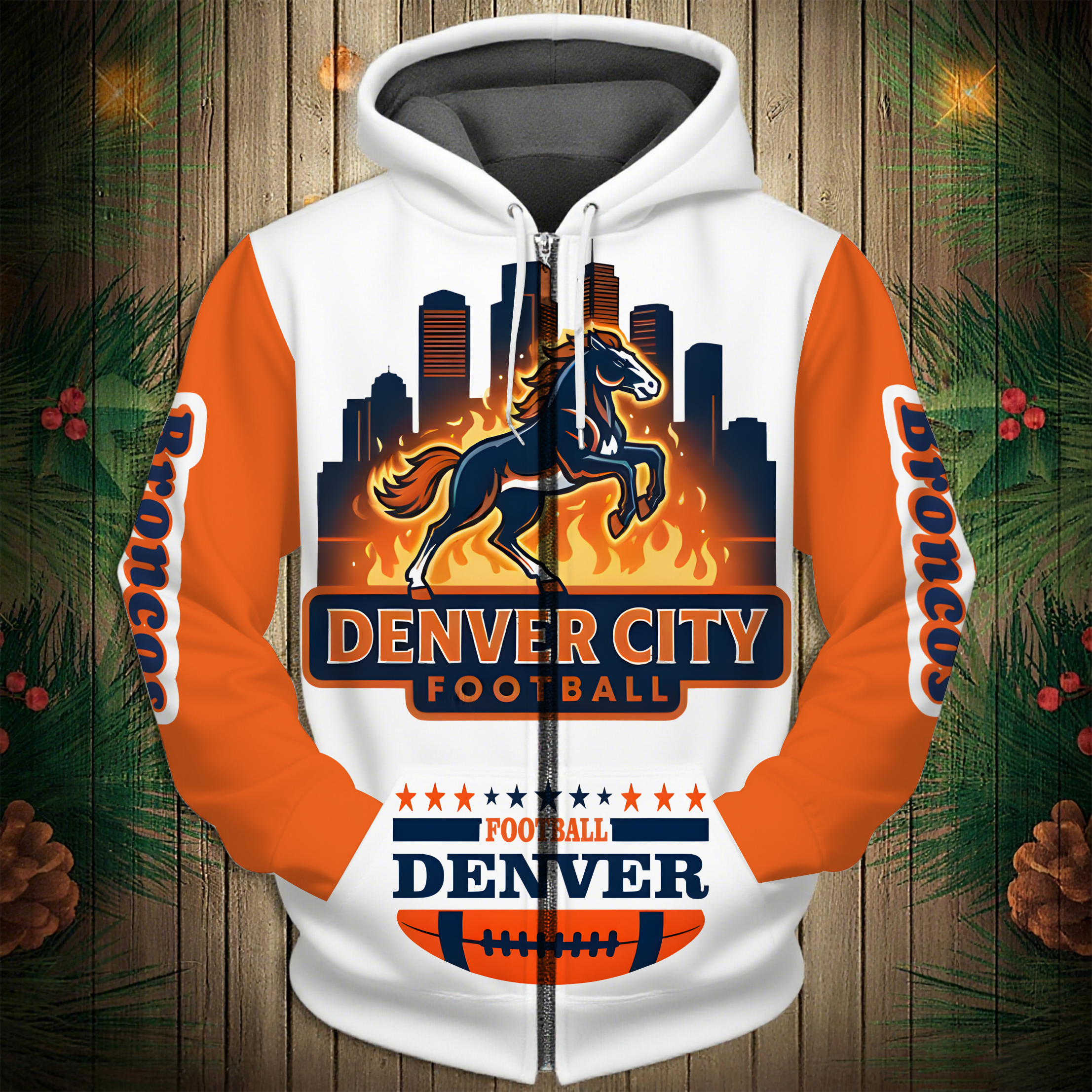Buildercar - Denver Broncos  City Mascot Pattern Hoodie Unisex NFL Pullover Hoodie for Football Fans hm10112733