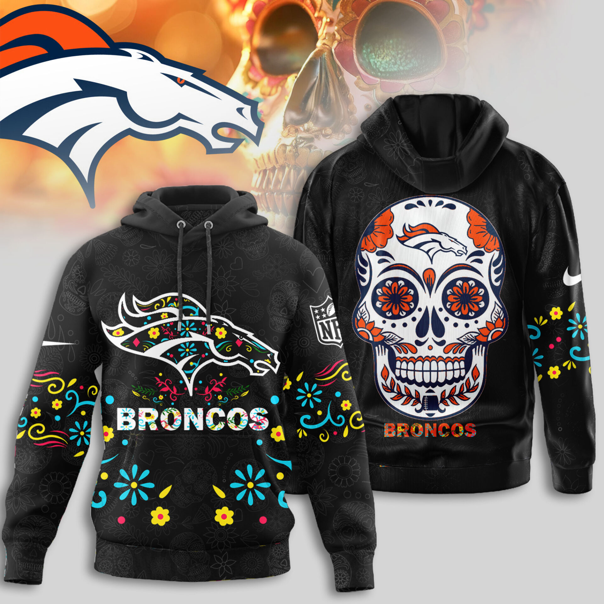 Buildercar - Denver Broncos | Premium NFL Dia de los Muertos Limited Editions Hoodie