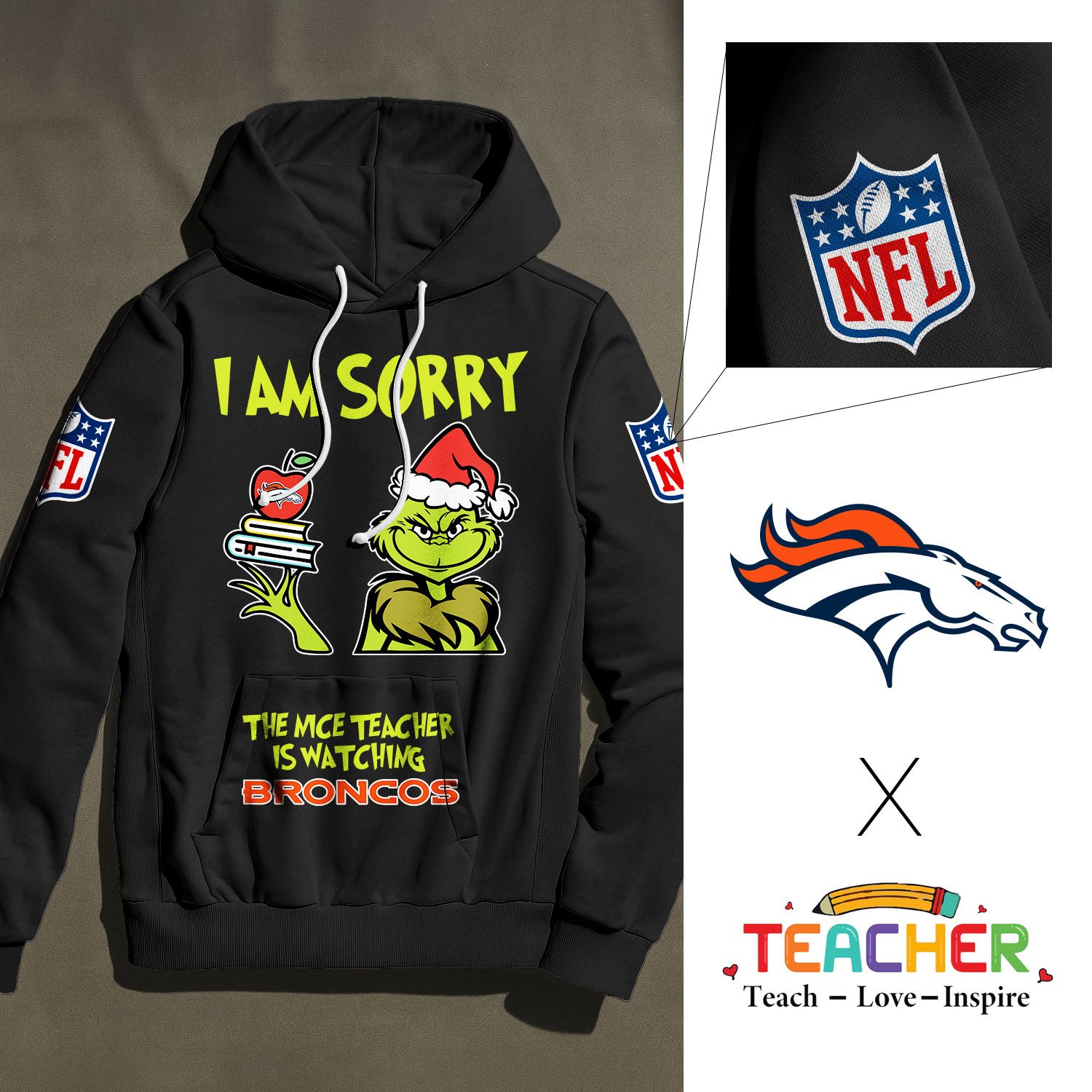 Buildercar - Denver Broncos | Premium NFL Grinch Teacher Appreciation Hoodie